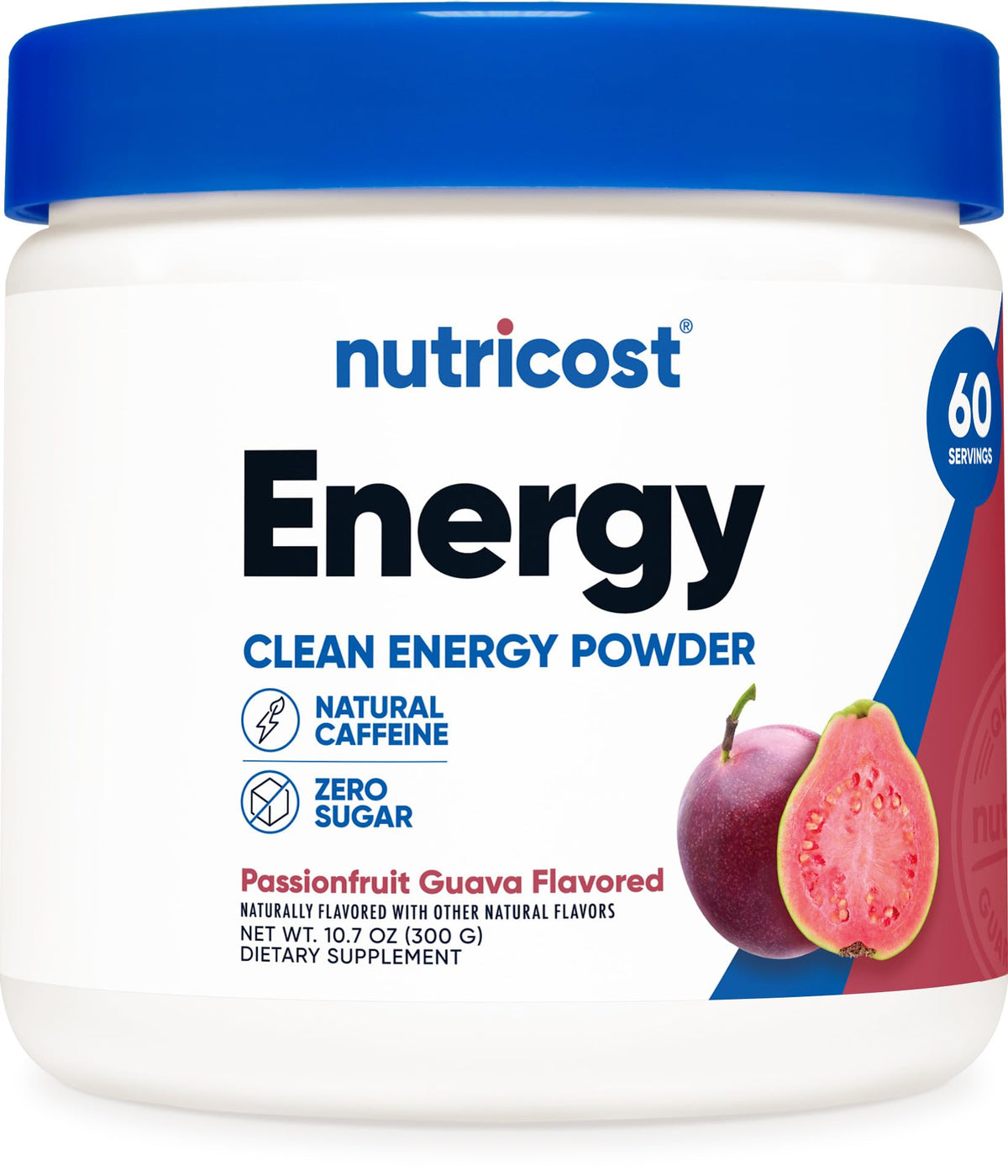 Nutricost energy drink powder tub with Passionfruit Guava for a quick pre-workout energy boost