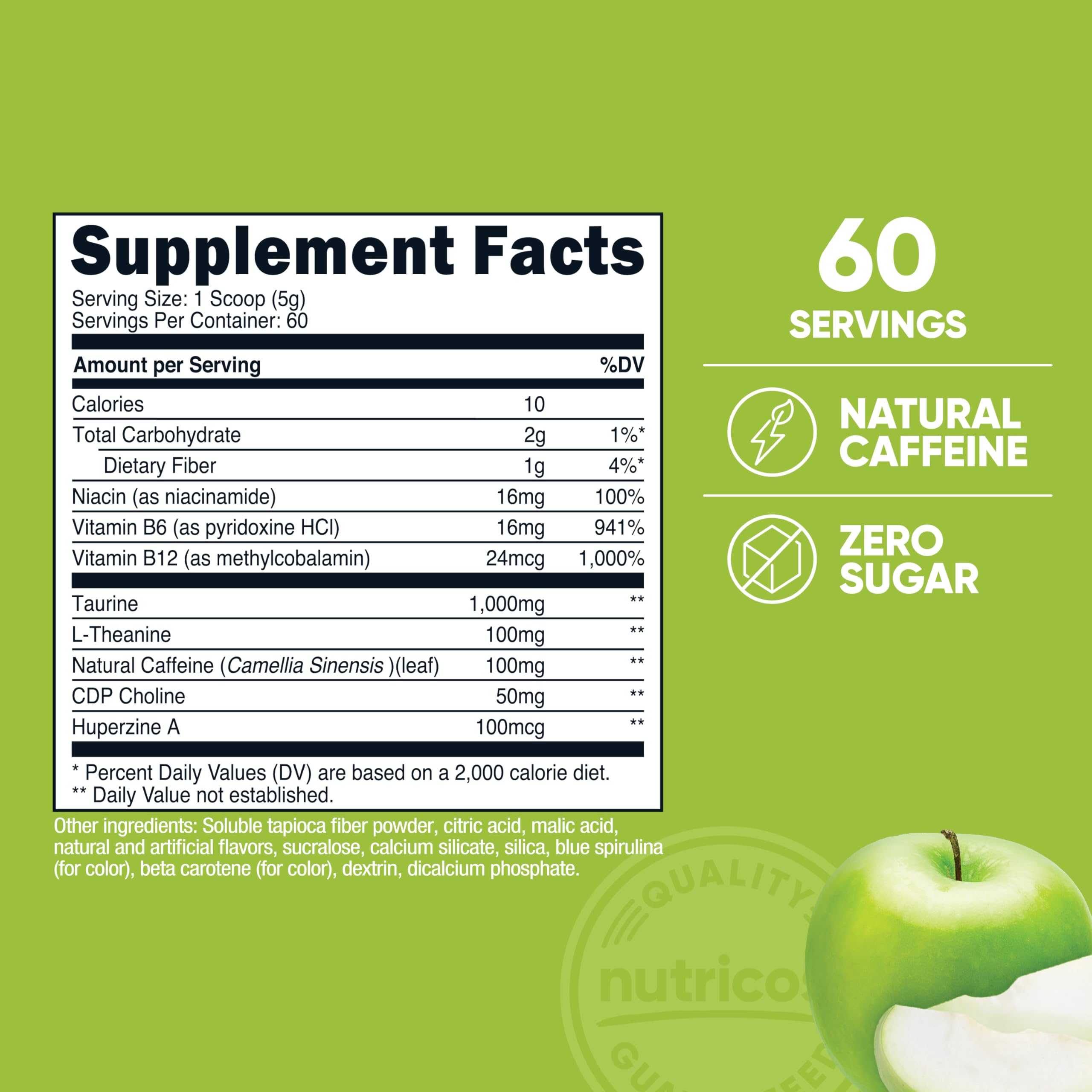 Nutricost Energy Complex green apple glass shows refreshing taste and focus on the go.