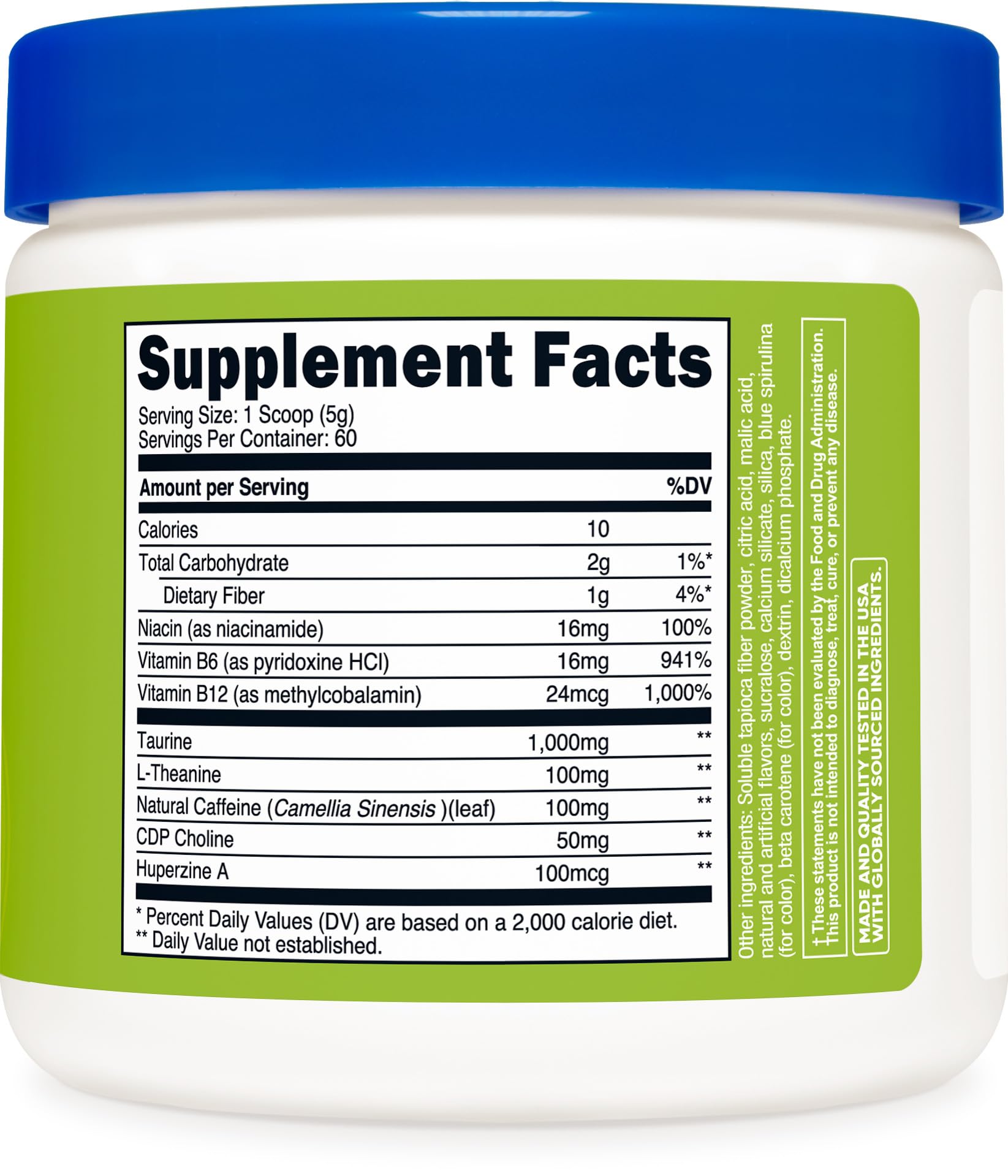 Nutricost Energy Complex green apple label emphasizes gluten-free formula and transparency.