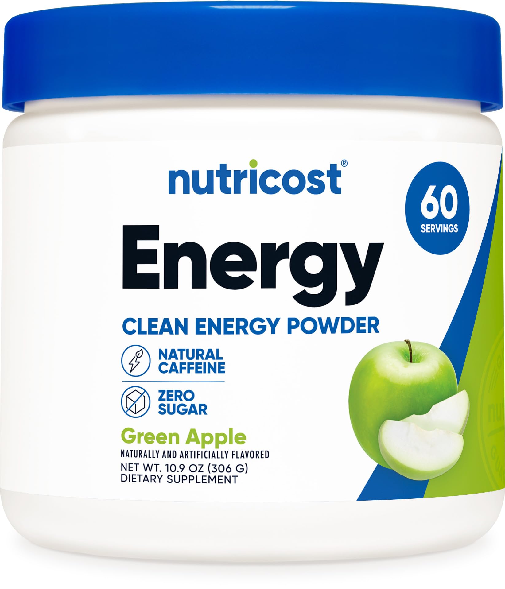 Nutricost Energy Complex green apple powder with scoop for a convenient daily energy boost.