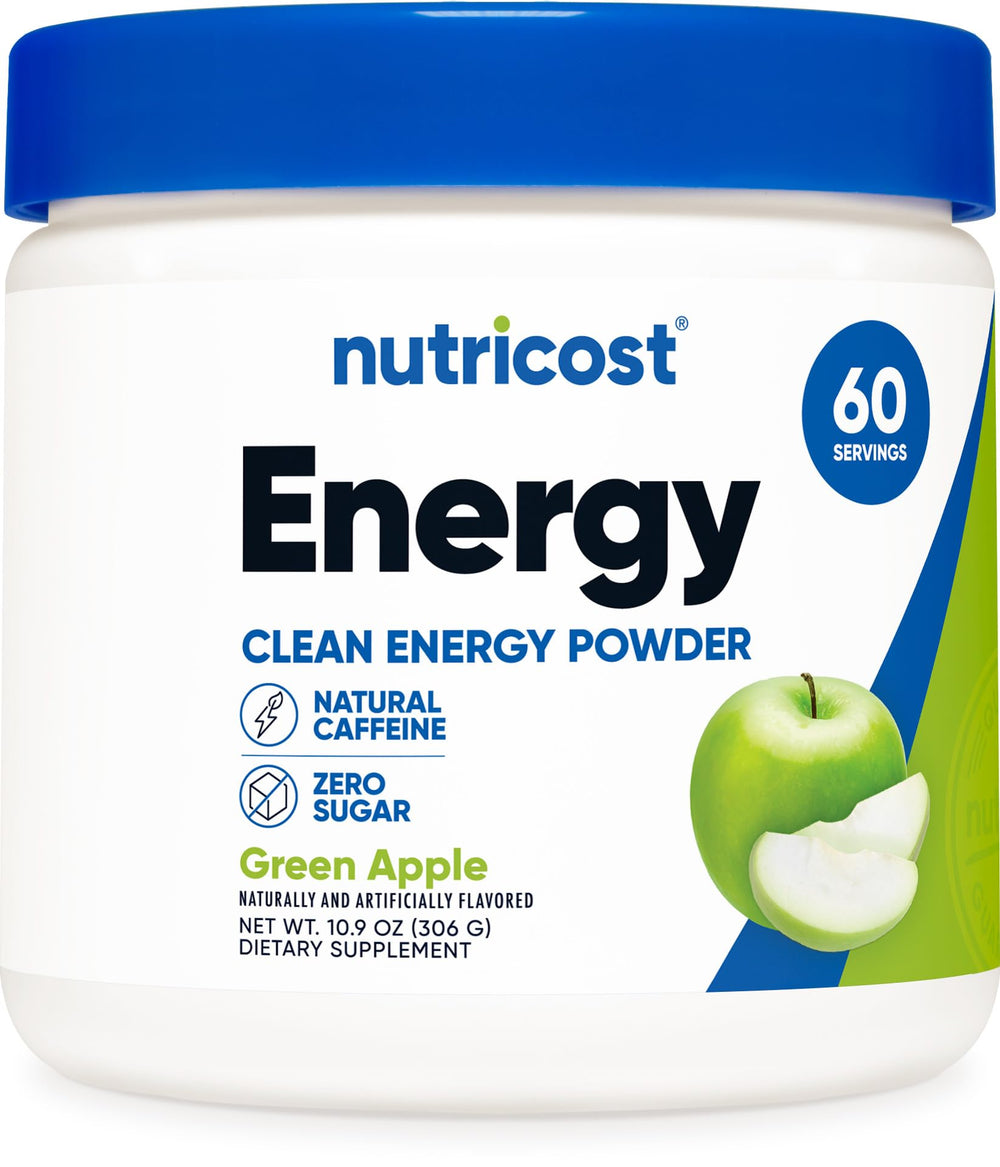 Nutricost Energy Complex green apple powder with scoop for a convenient daily energy boost.