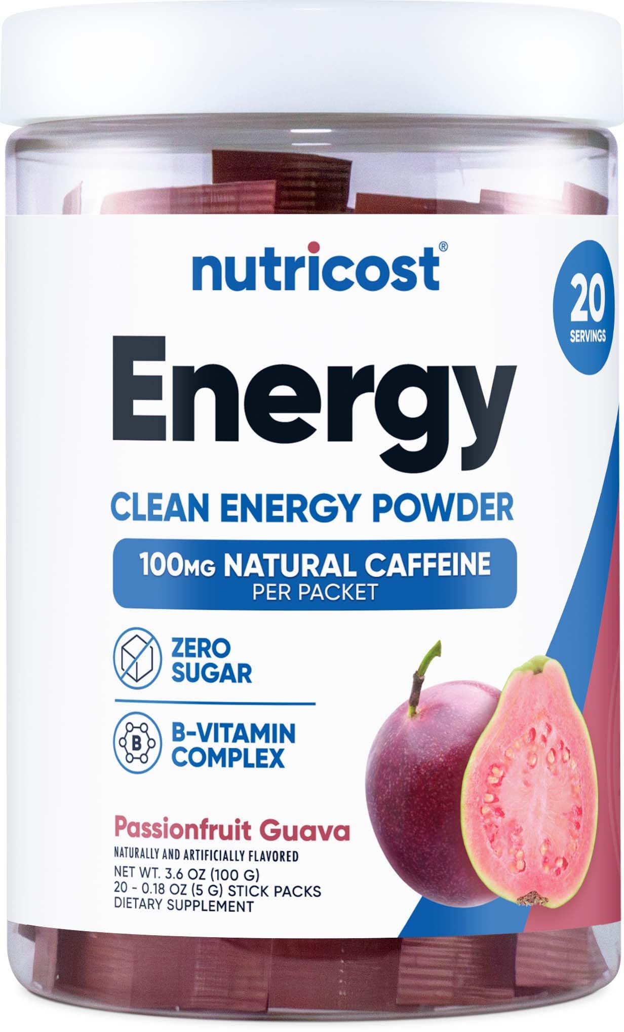 Nutricost Energy Complex Stickpack Passionfruit Guava bottle label