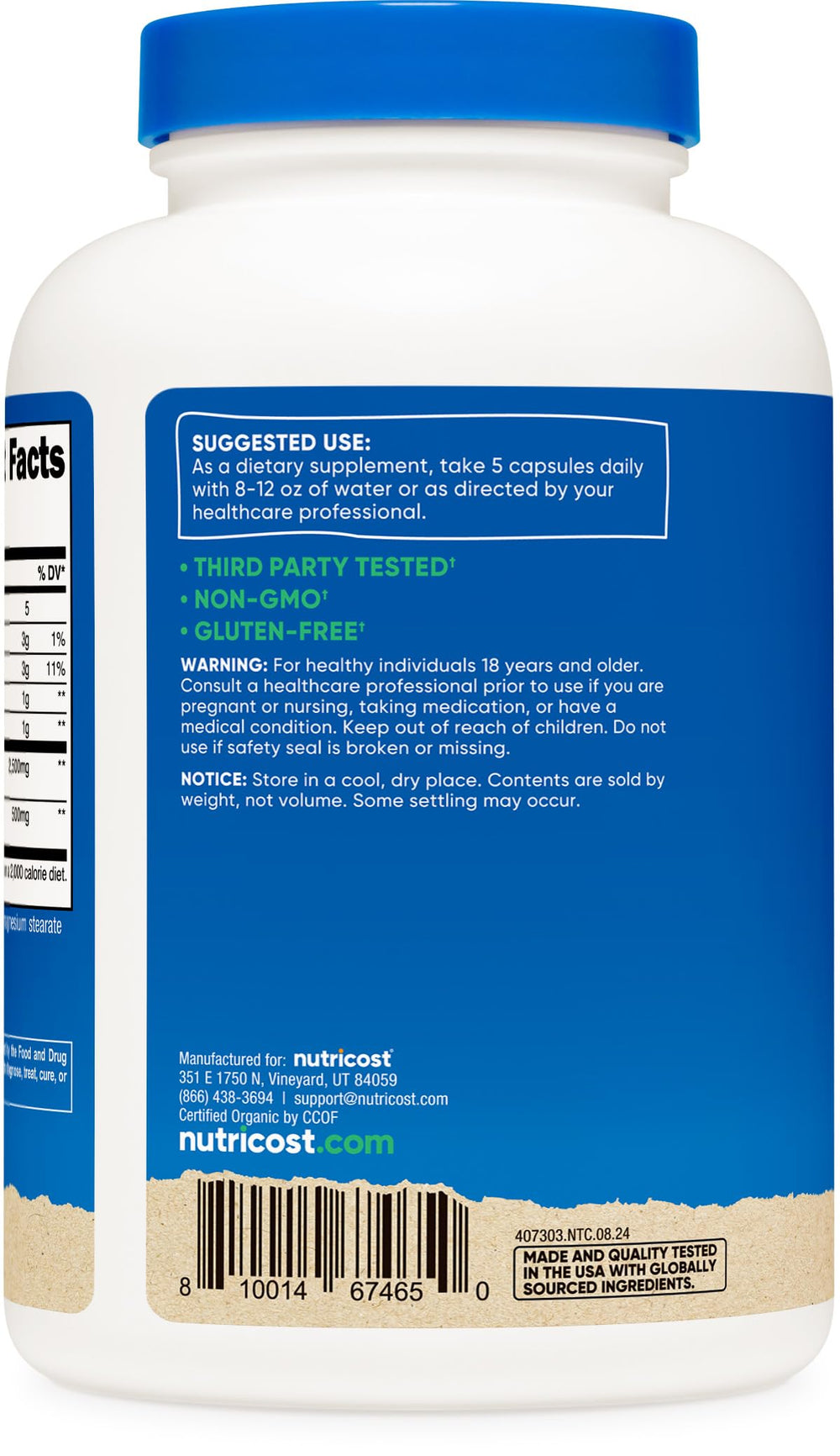 CCOF Made With Organic certification badge on Nutricost Fiber