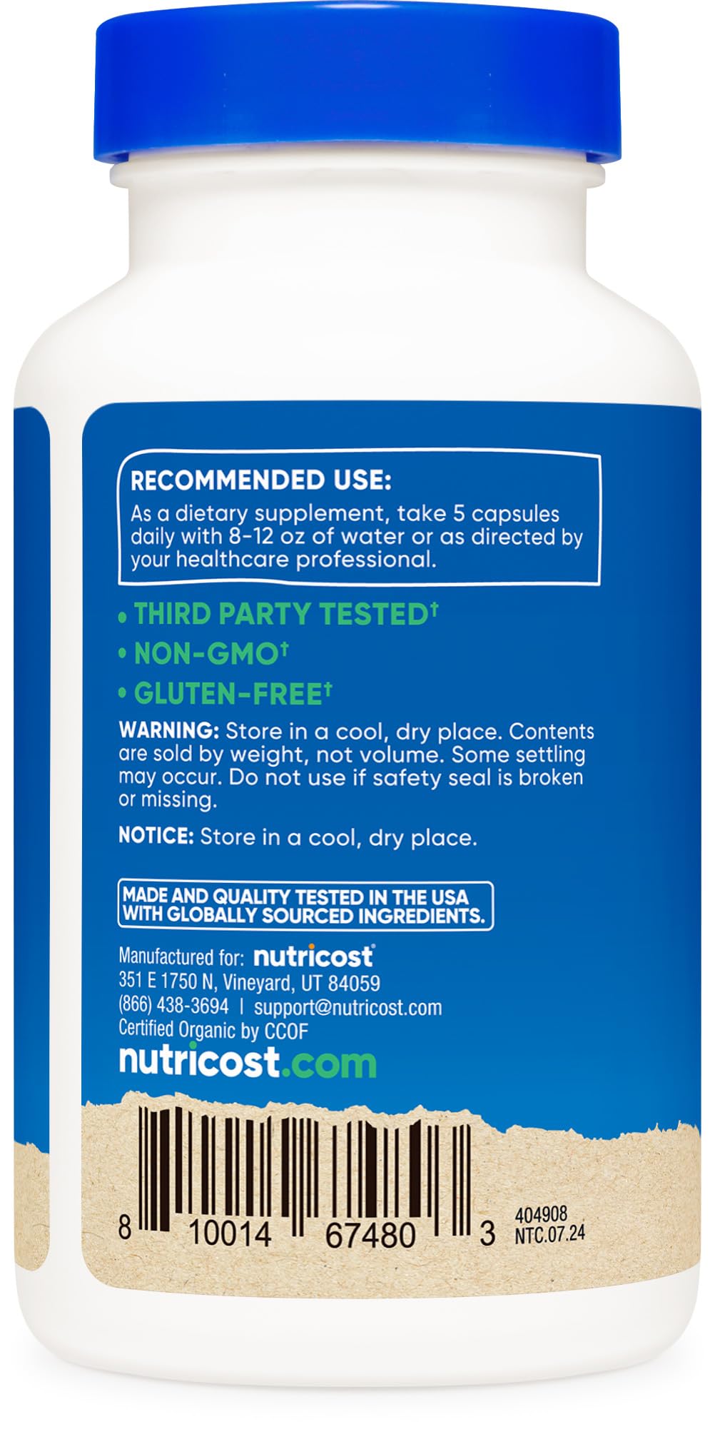 Nutricost Fiber Capsules packaging with GMP/FDA facility reference