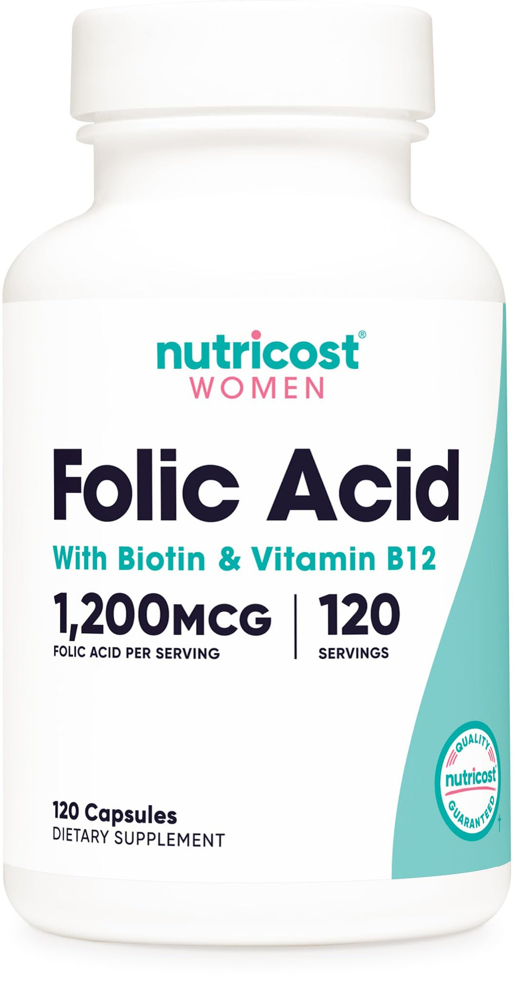 Front view of Nutricost Folic Acid for Women bottle with label