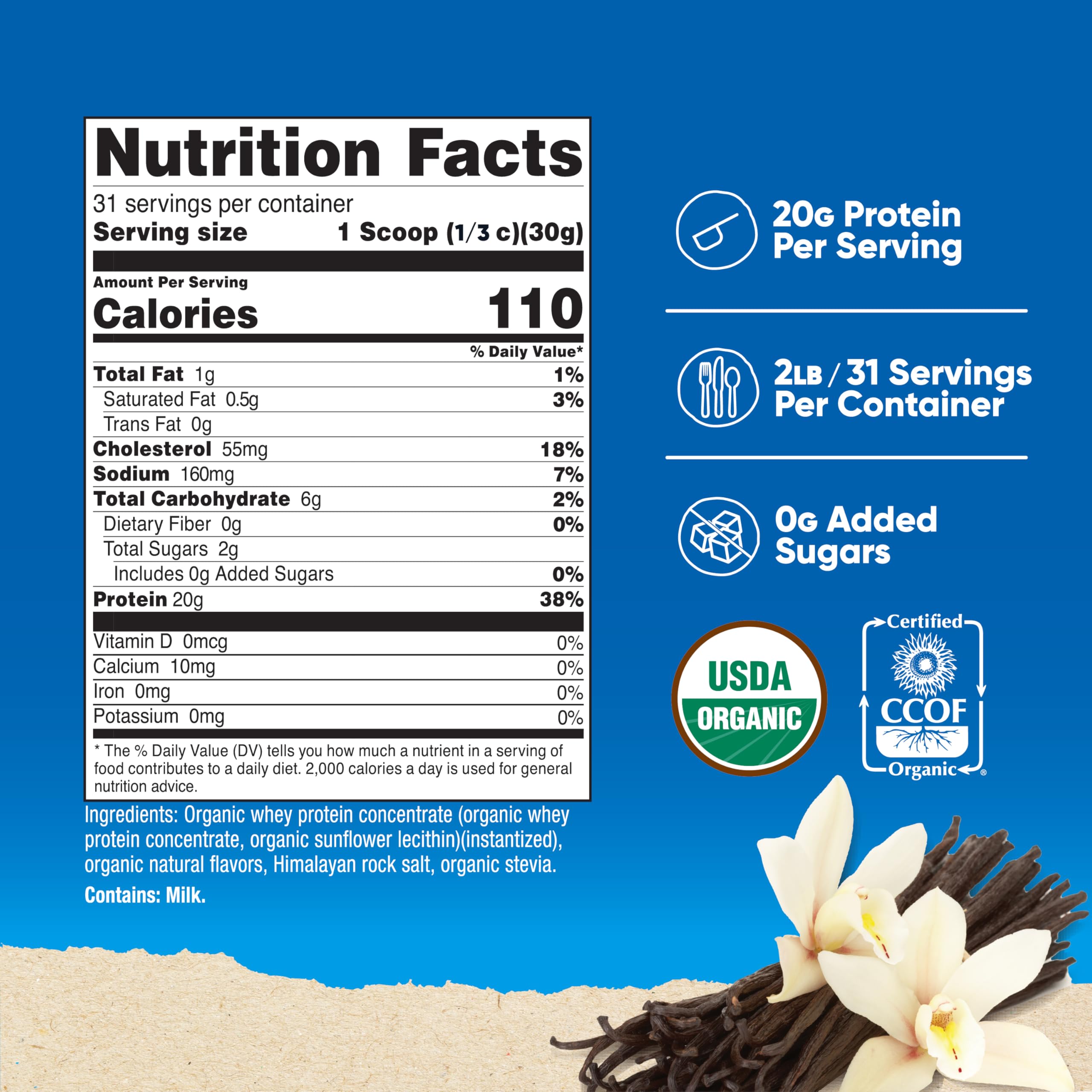 Nutricost French Vanilla whey powder with dry scoop ready for a shake.