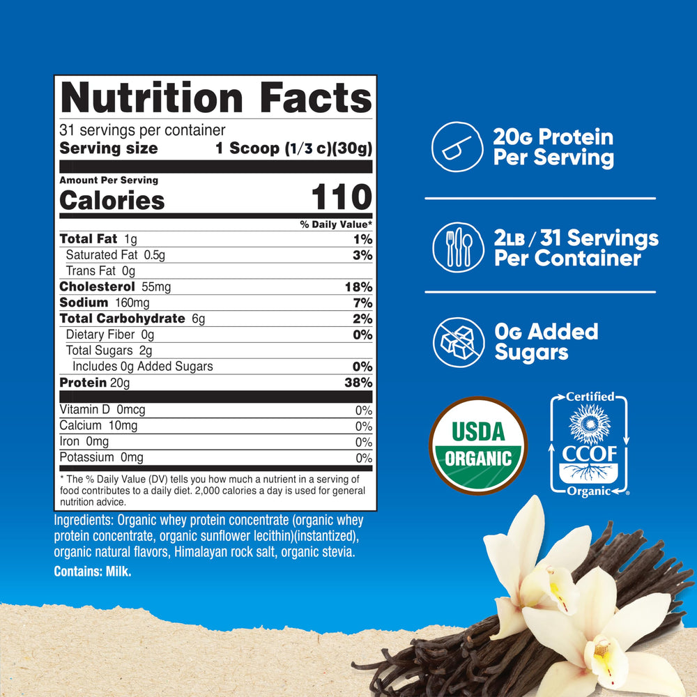 Nutricost French Vanilla whey powder with dry scoop ready for a shake.