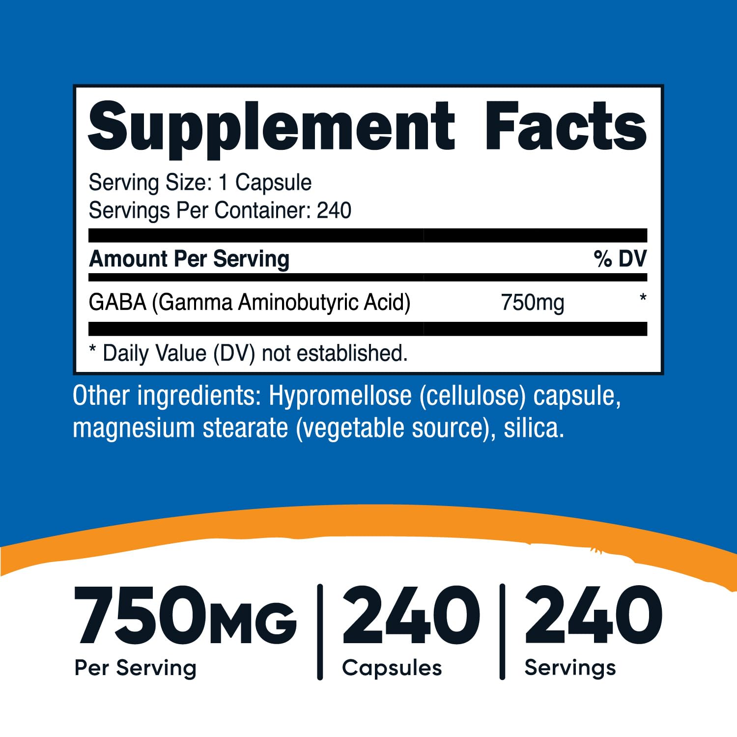 Front view of Nutricost GABA 750mg bottle with capsules