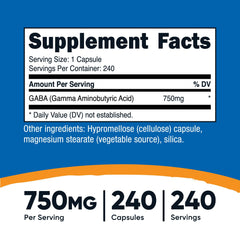 Front view of Nutricost GABA 750mg bottle with capsules