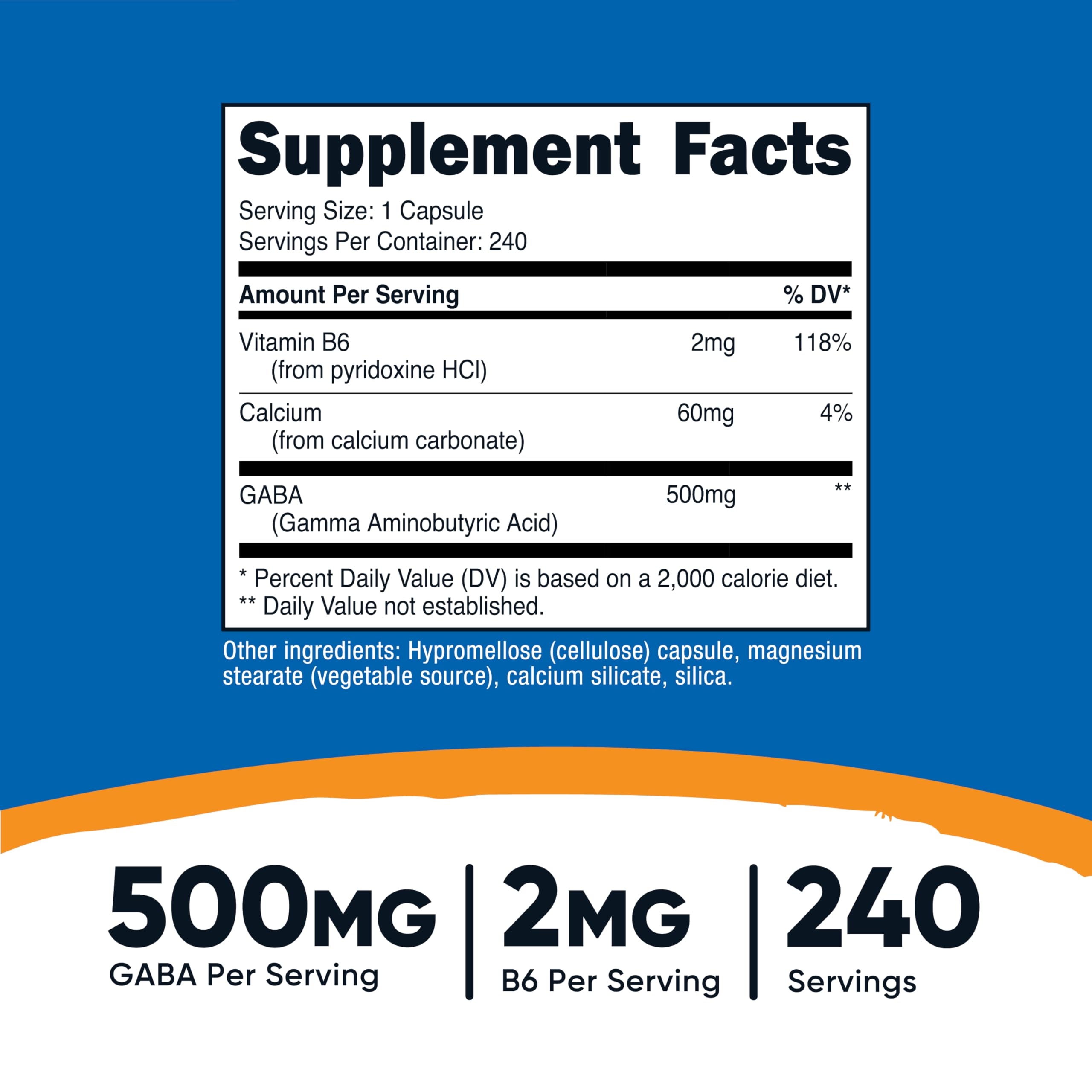 GABA 500mg and Vitamin B6 2mg per capsule label