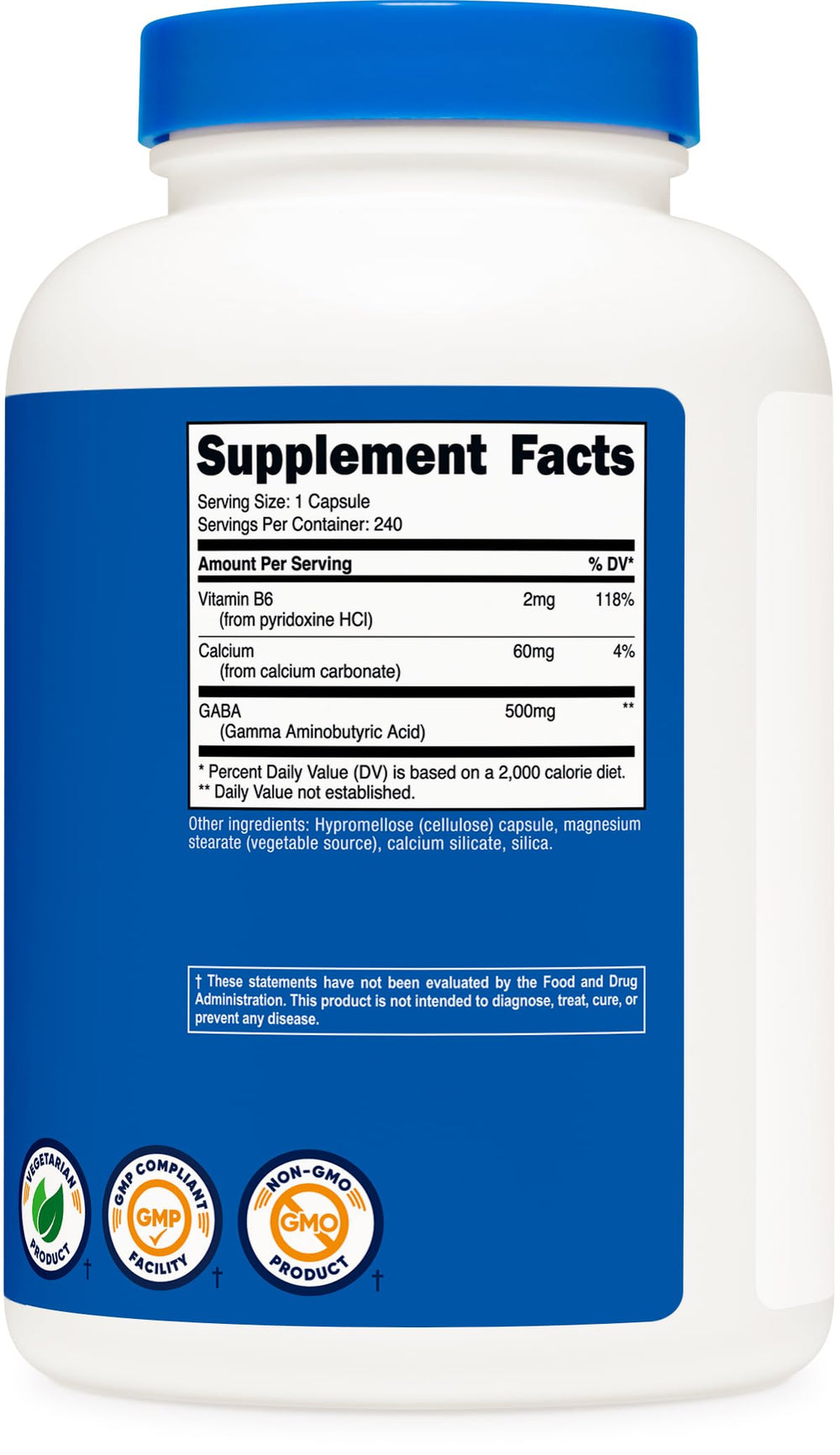 Gluten Free, Non-GMO Vegetarian product with GMP/FDA facility badge