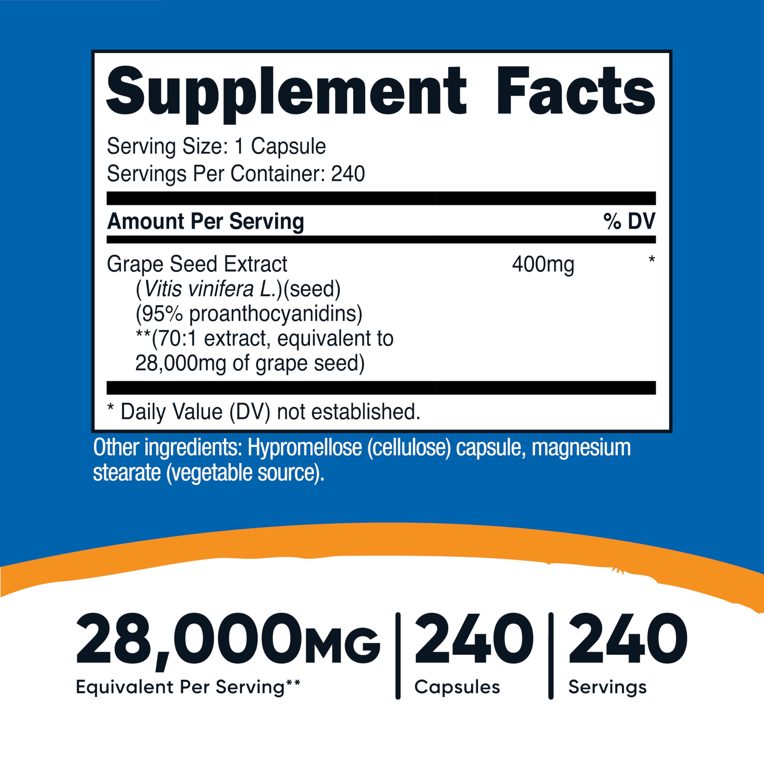 Label detailing 28,000mg per serving from 400mg of 70:1 grape seed extract