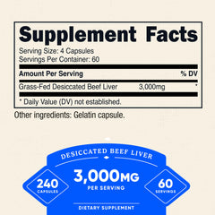 Close-up of a 750 mg desiccated beef liver capsule