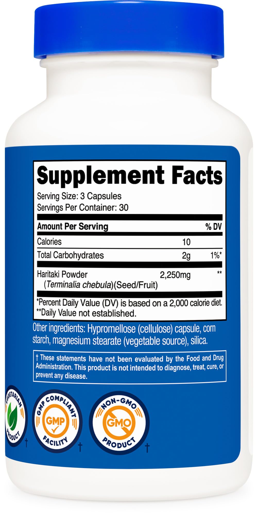 Certification logos (NSF GMP FDA) on Haritaki packaging