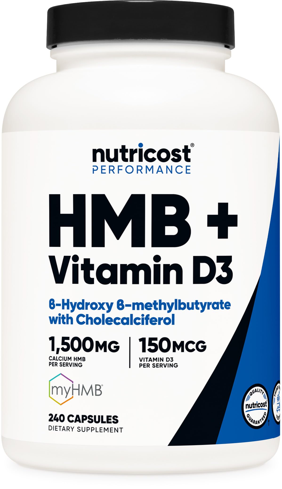 Nutricost HMB 1500mg and Vitamin D3 6000 IU bottle label