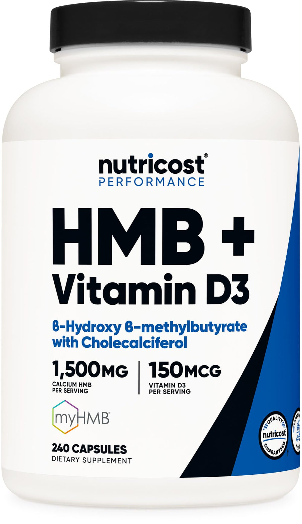 Nutricost HMB 1500mg and Vitamin D3 6000 IU bottle label