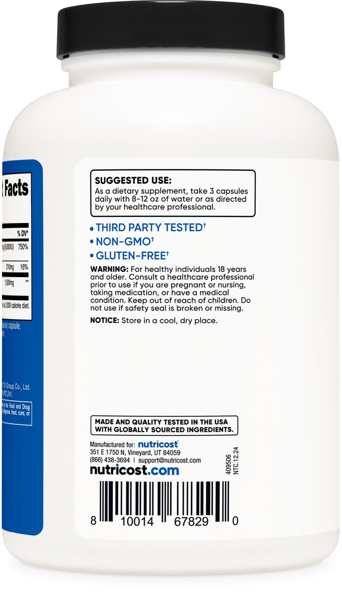 Nutritional facts label on Nutricost bottle