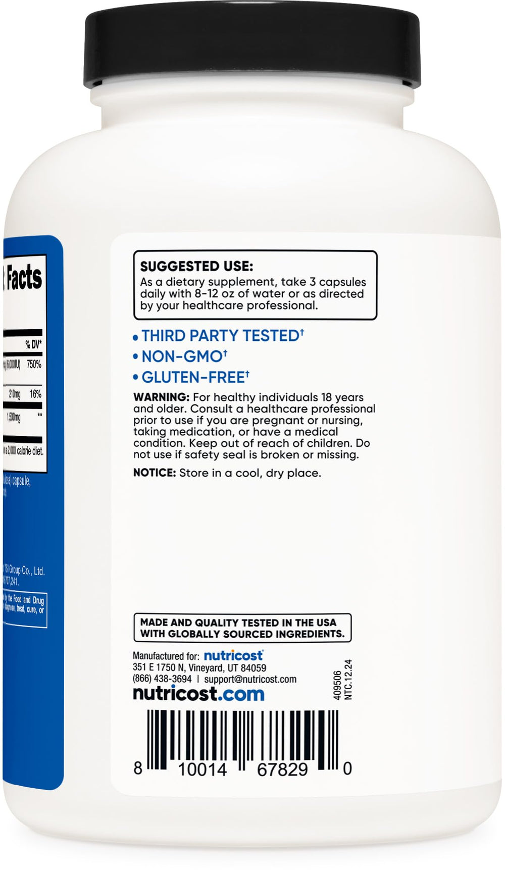 Nutritional facts label on Nutricost bottle