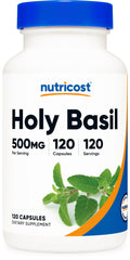 Nutricost Holy Basil Capsules bottle label showing 500 mg per serving