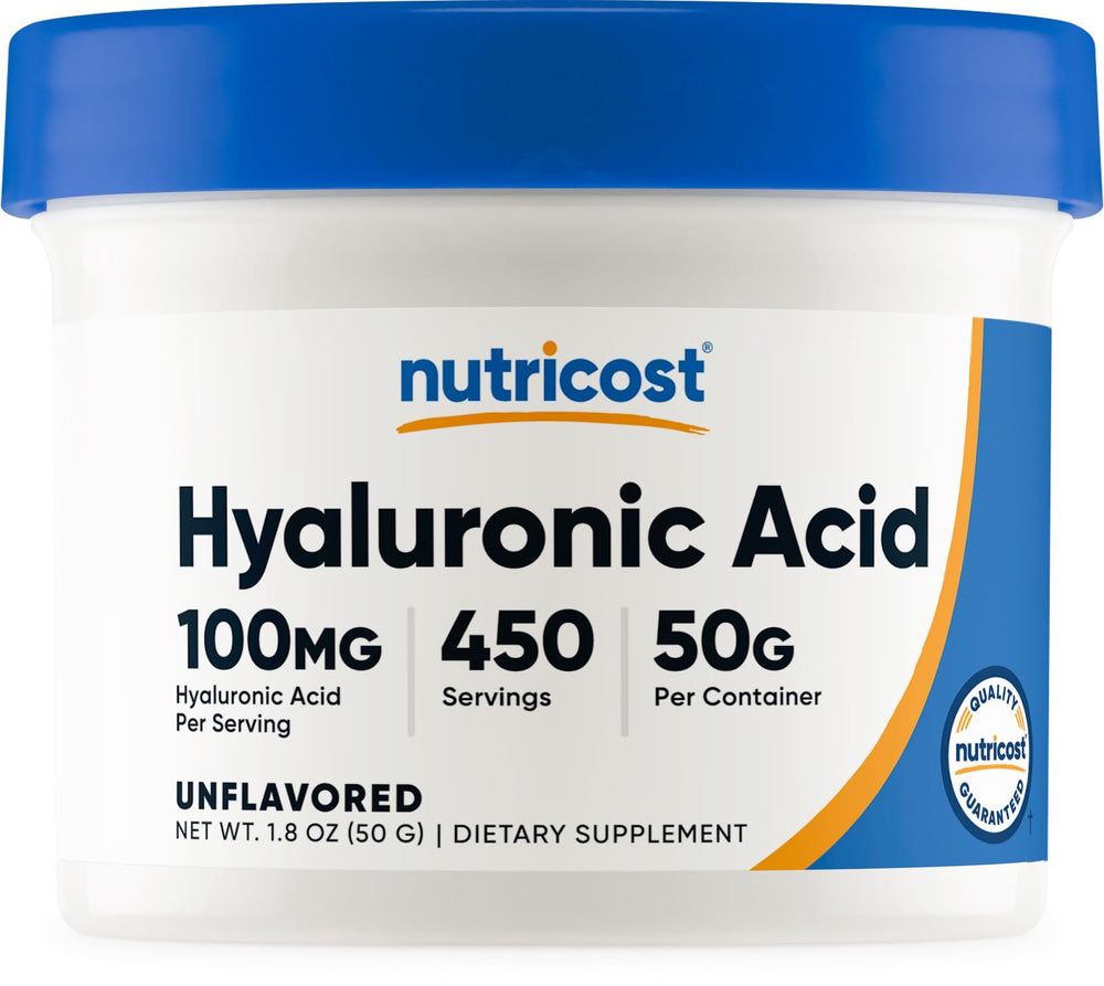 Front view of Nutricost Hyaluronic Acid Powder 50g bottle