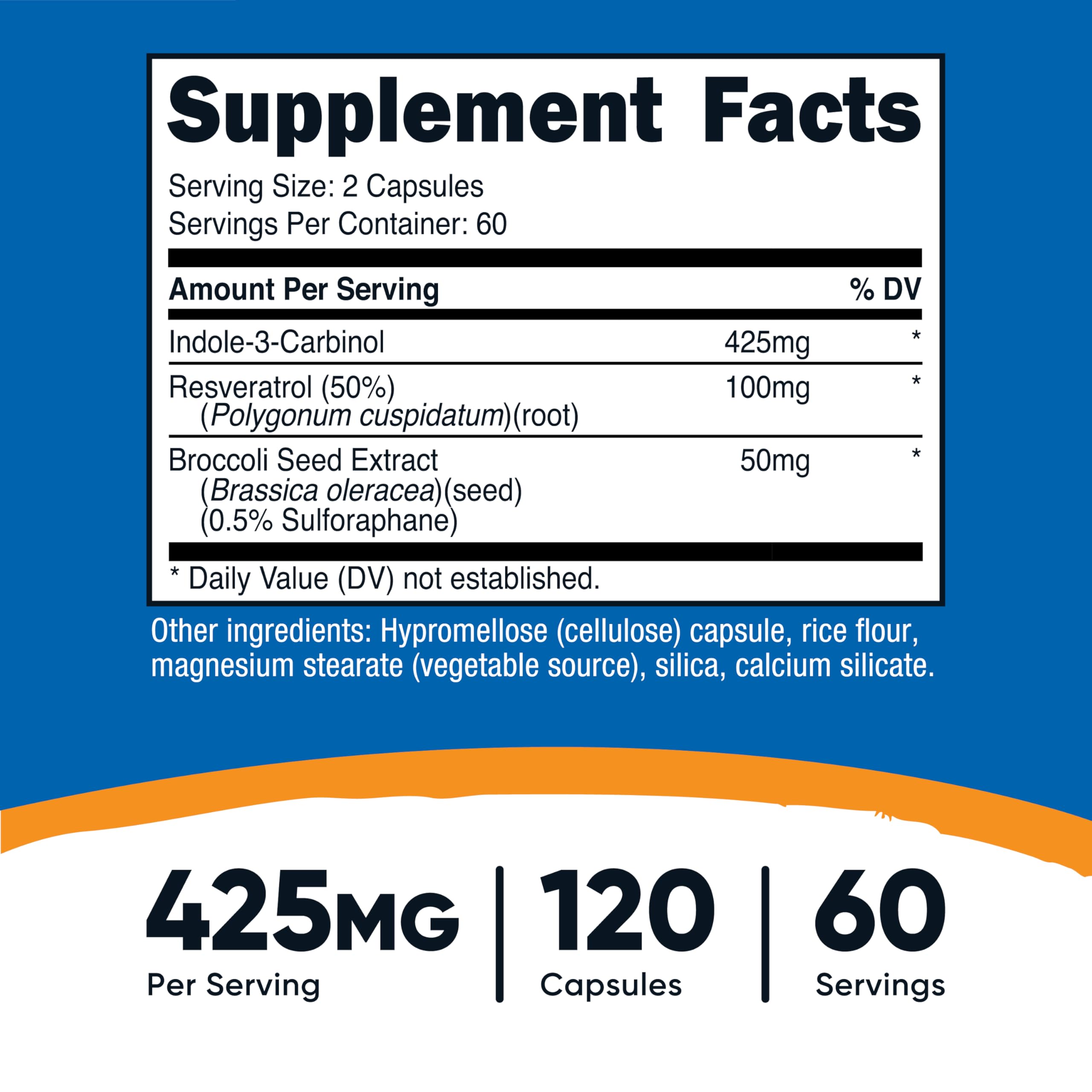 Close-up of Indole-3-Carbinol supplement bottle label