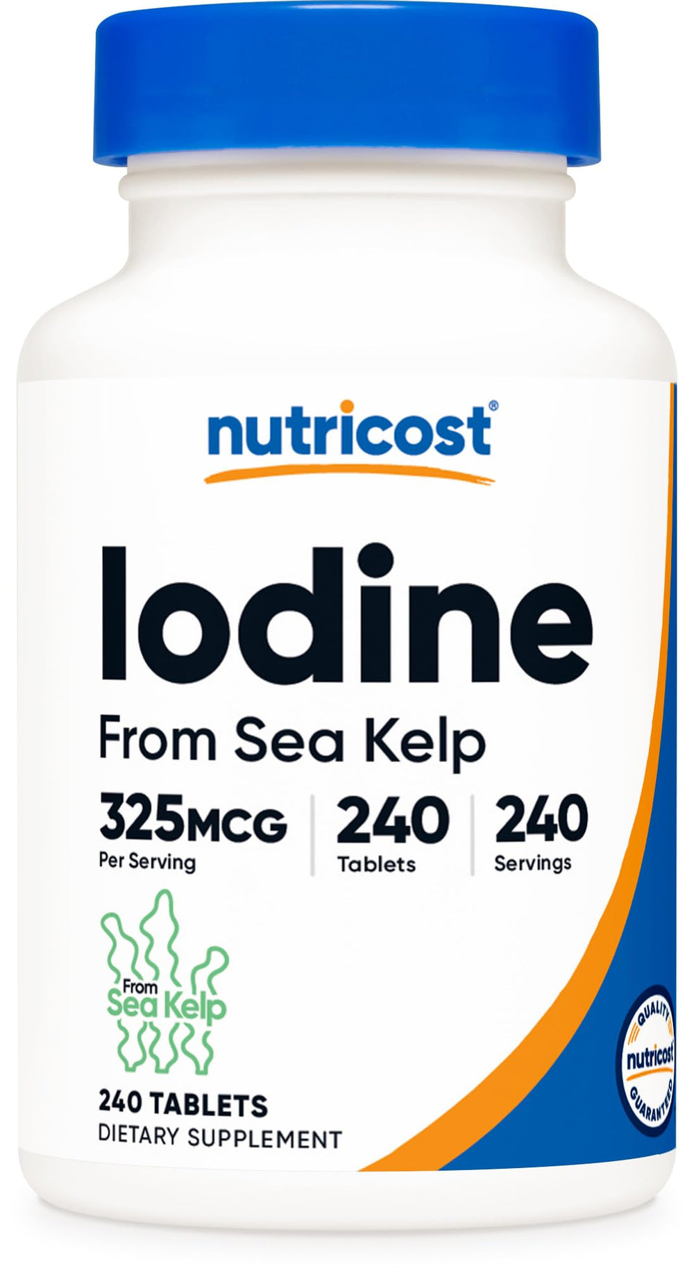 Nutricost Iodine bottle label showing 325mcg per tablet sourced from sea kelp