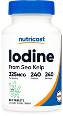 Nutricost Iodine bottle label showing 325mcg per tablet sourced from sea kelp