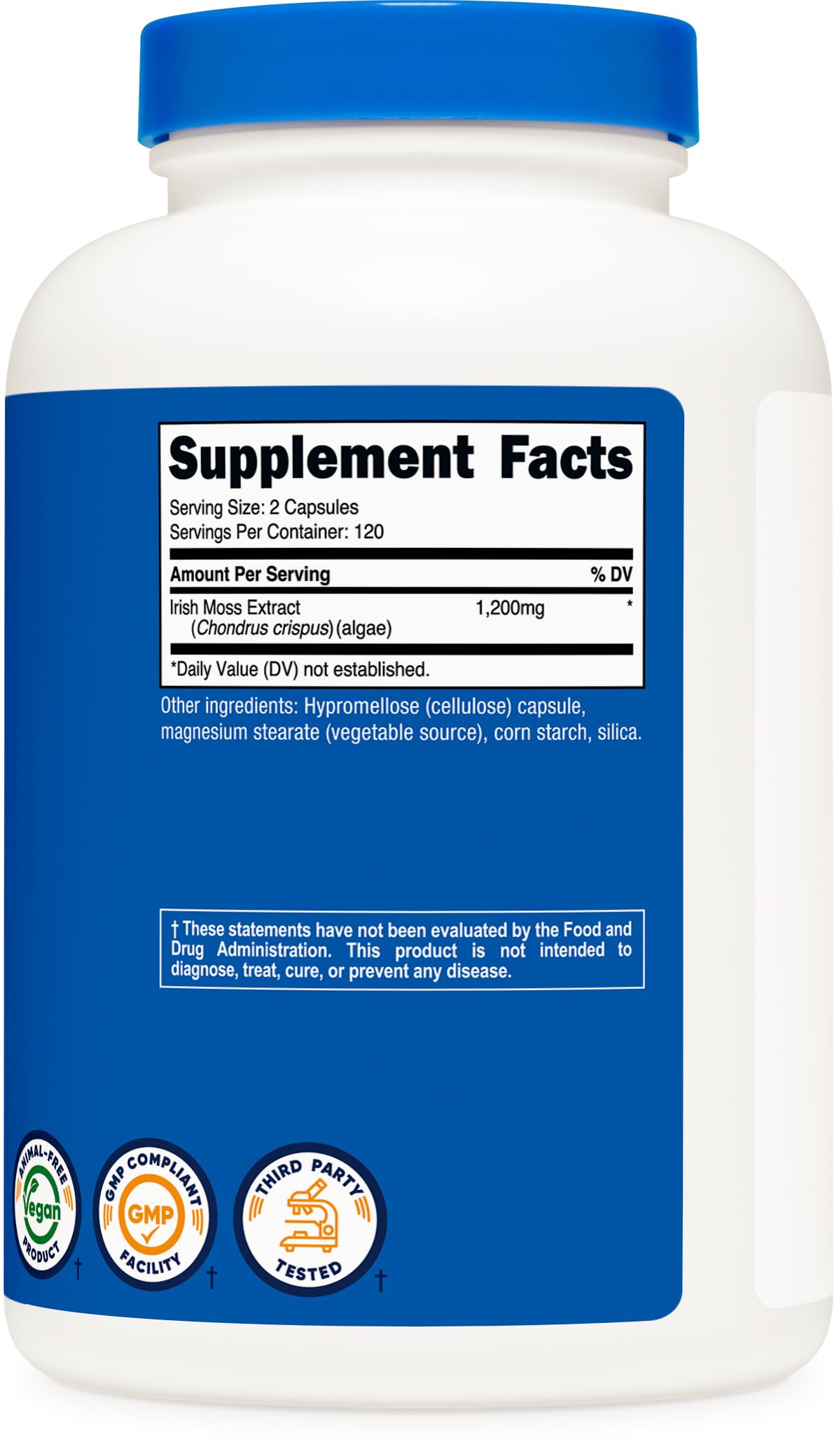 Label showing 120 servings, vegan and gluten-free