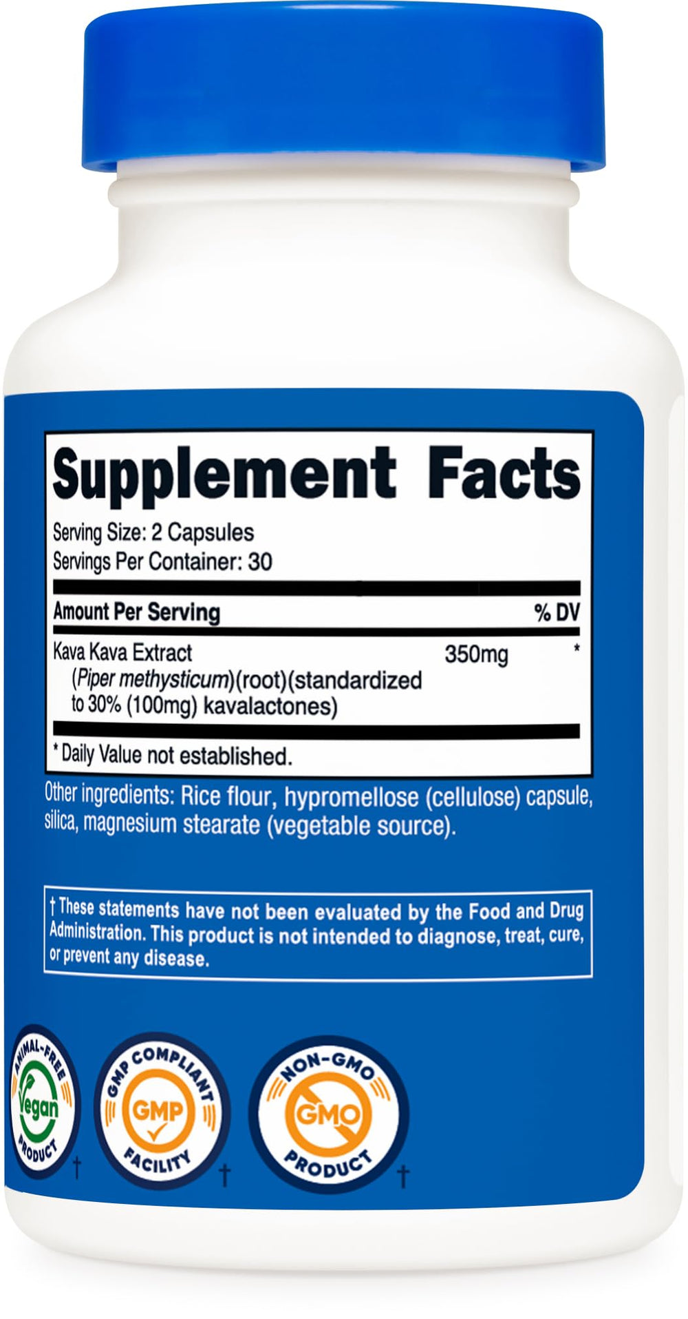 Kava Kava capsules and third-party testing label indicating potency and safety