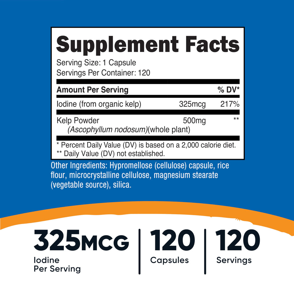 Close-up of a Kelp Capsule showing 325mcg iodine from sea kelp
