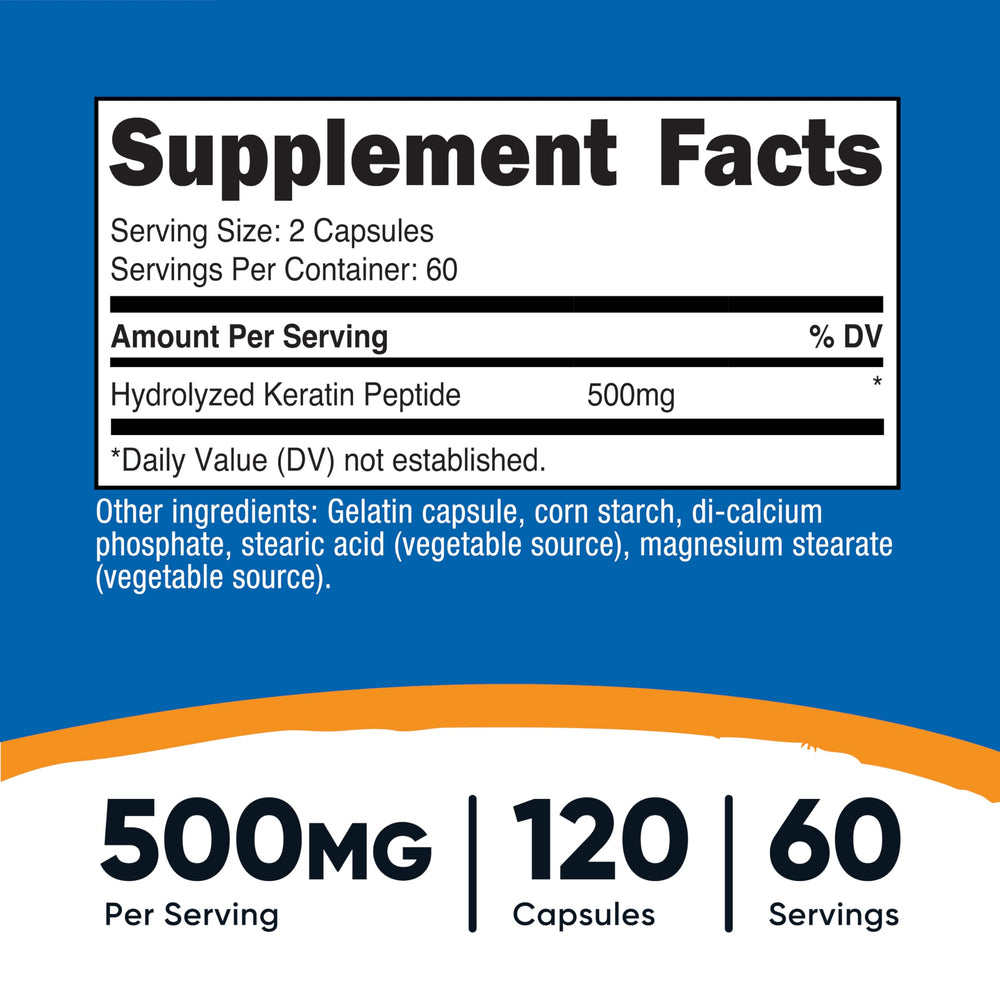 Close-up of Nutricost Keratin Hydrolized Peptide Capsules bottle label