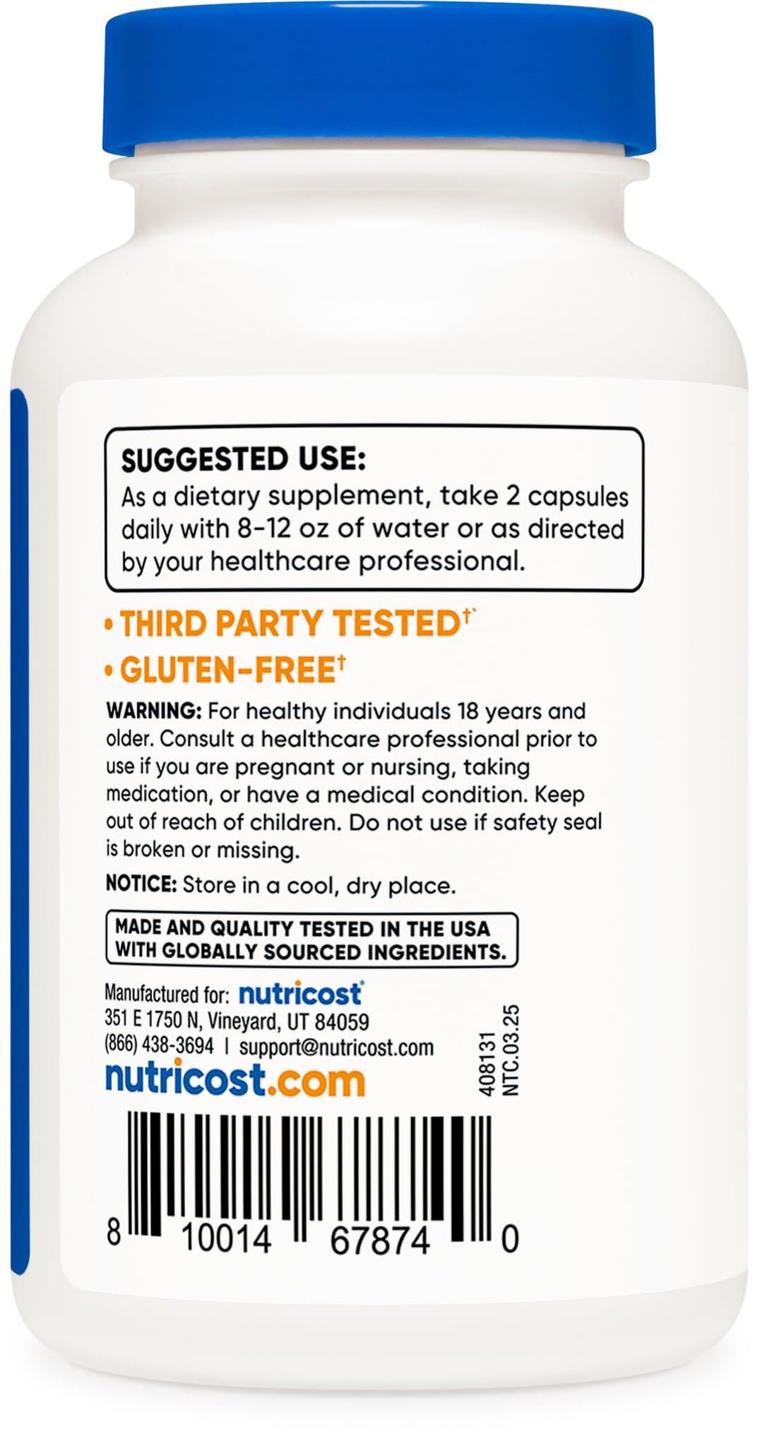 GMP facility and third-party testing seal for Nutricost capsules