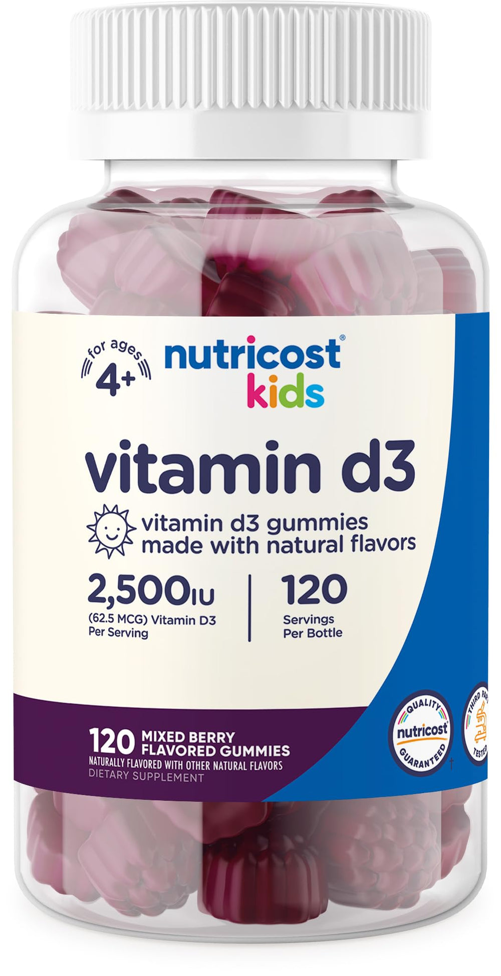 Front view of Nutricost Kids Vitamin D3 Gummies bottle in Mixed Berry flavor