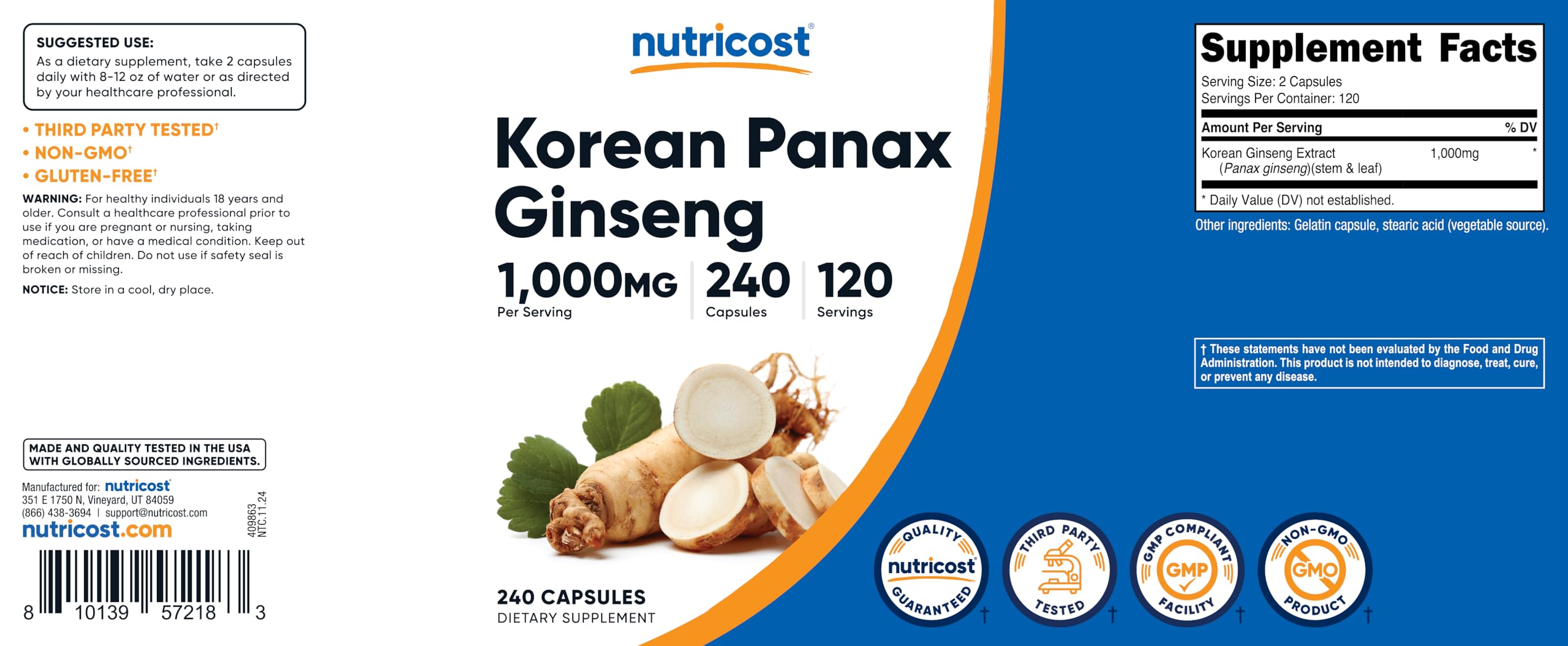 Nutricost Korean Ginseng product packaging with label and bottle