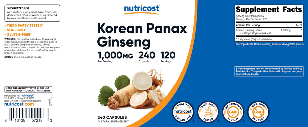 Nutricost Korean Ginseng product packaging with label and bottle