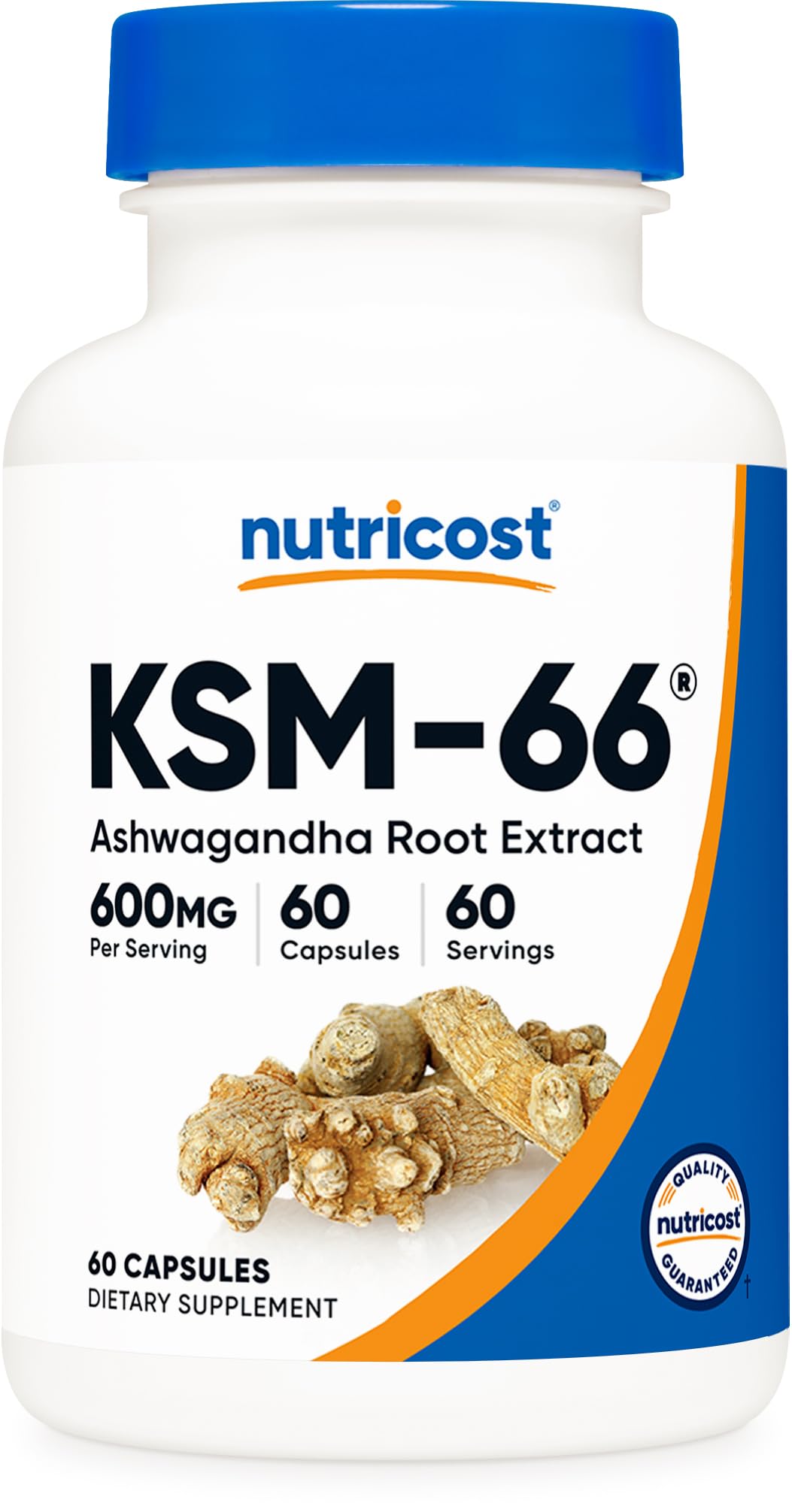 Nutricost KSM-66 Ashwagandha bottle label showing 600mg per serving.