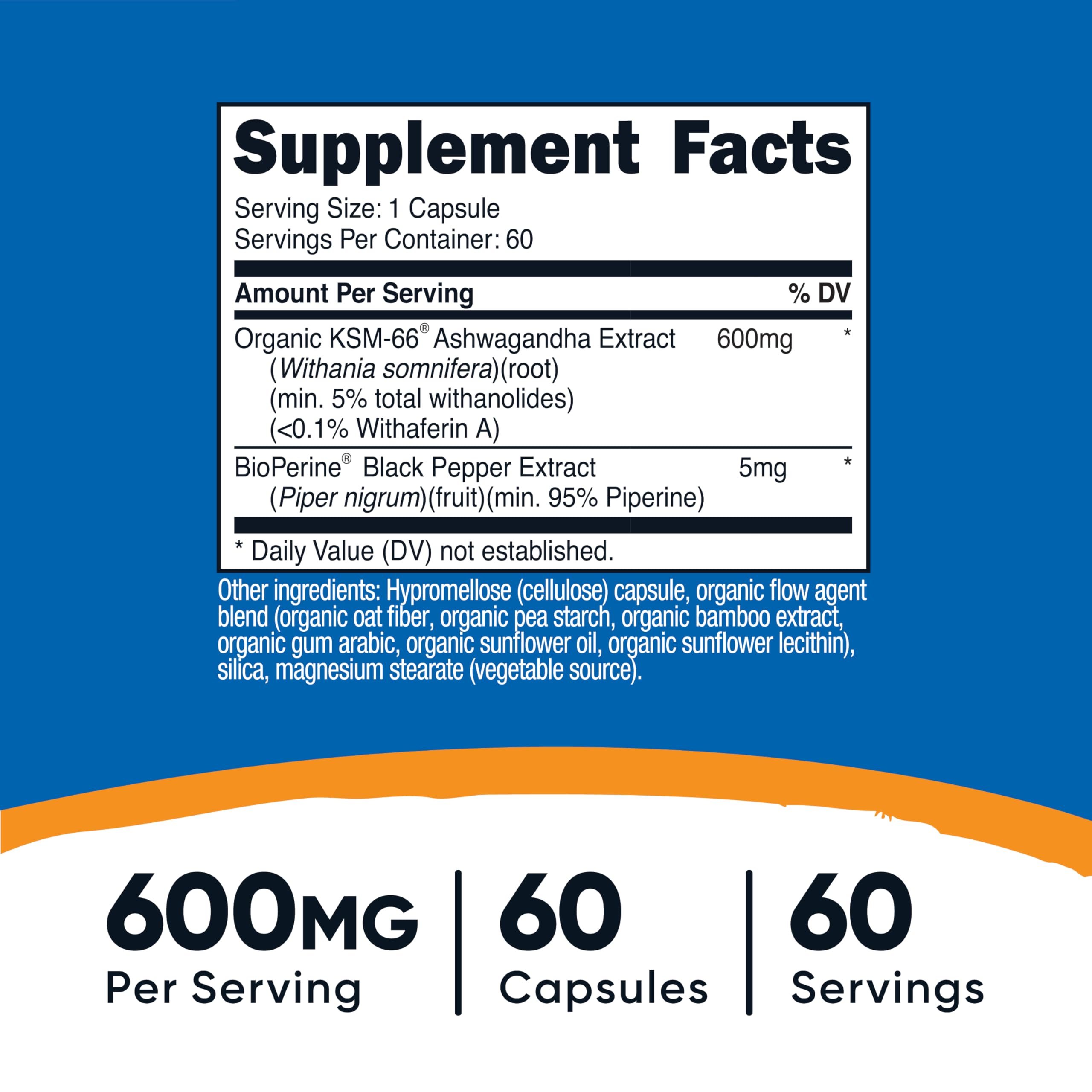 Close-up of Nutricost Ashwagandha capsules, 60 veggie caps per bottle.