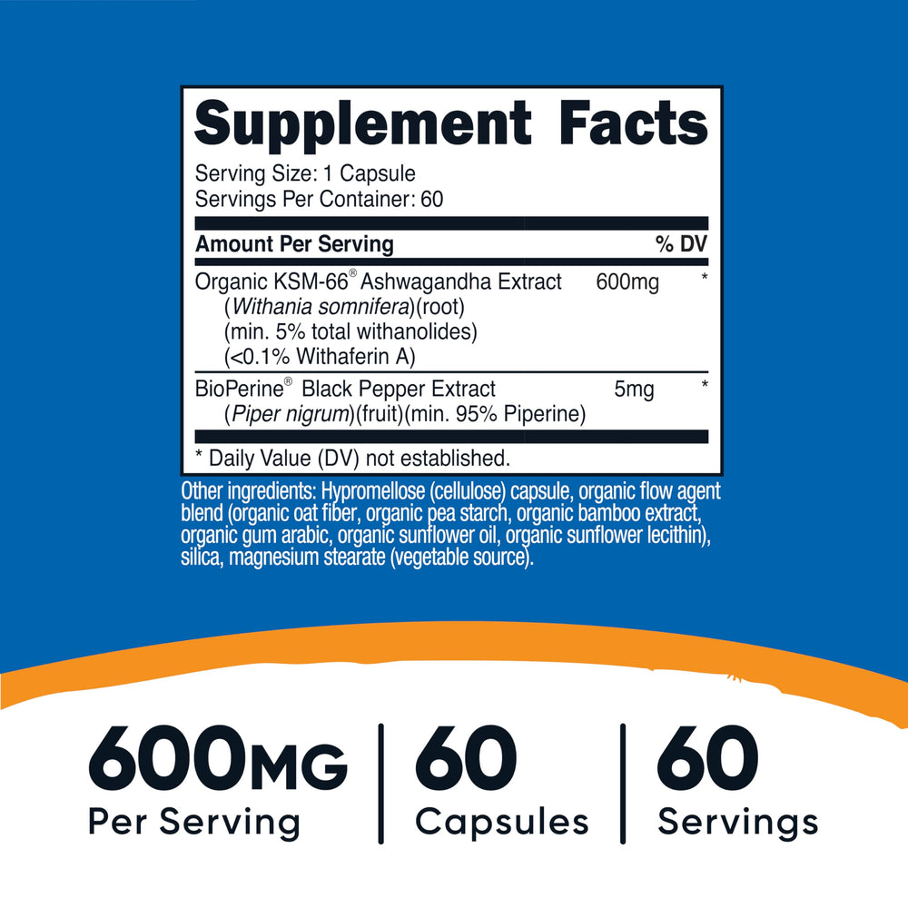 Close-up of Nutricost Ashwagandha capsules, 60 veggie caps per bottle.