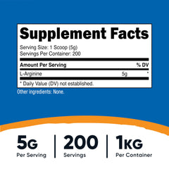 Back nutrition label on Nutricost L-Arginine Powder 1KG bottle