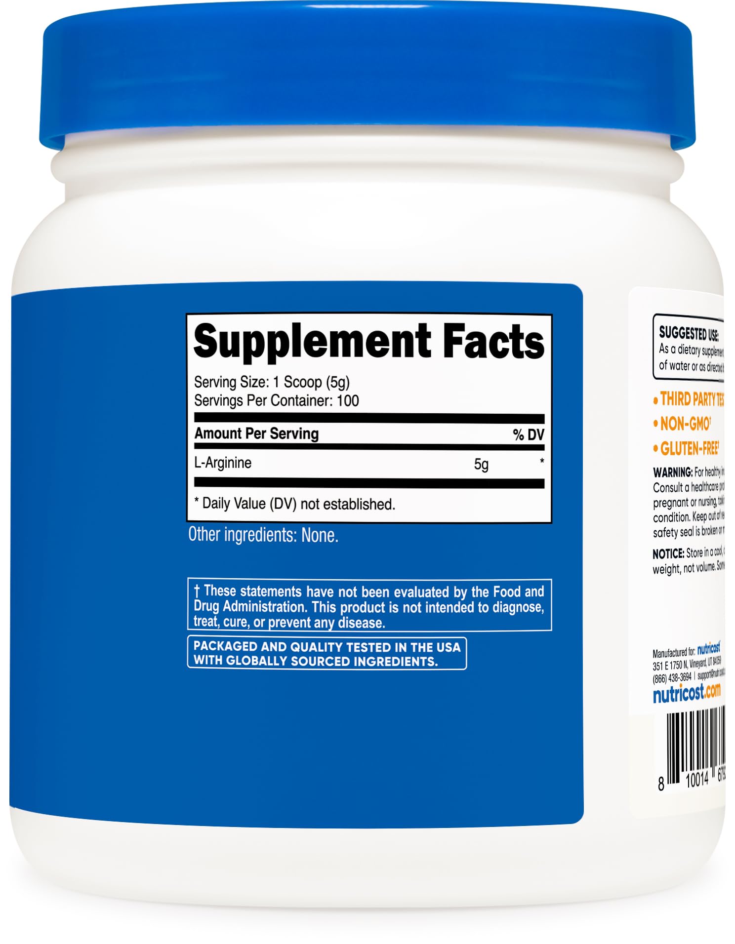 Nutrition facts for Nutricost L-Arginine Powder
