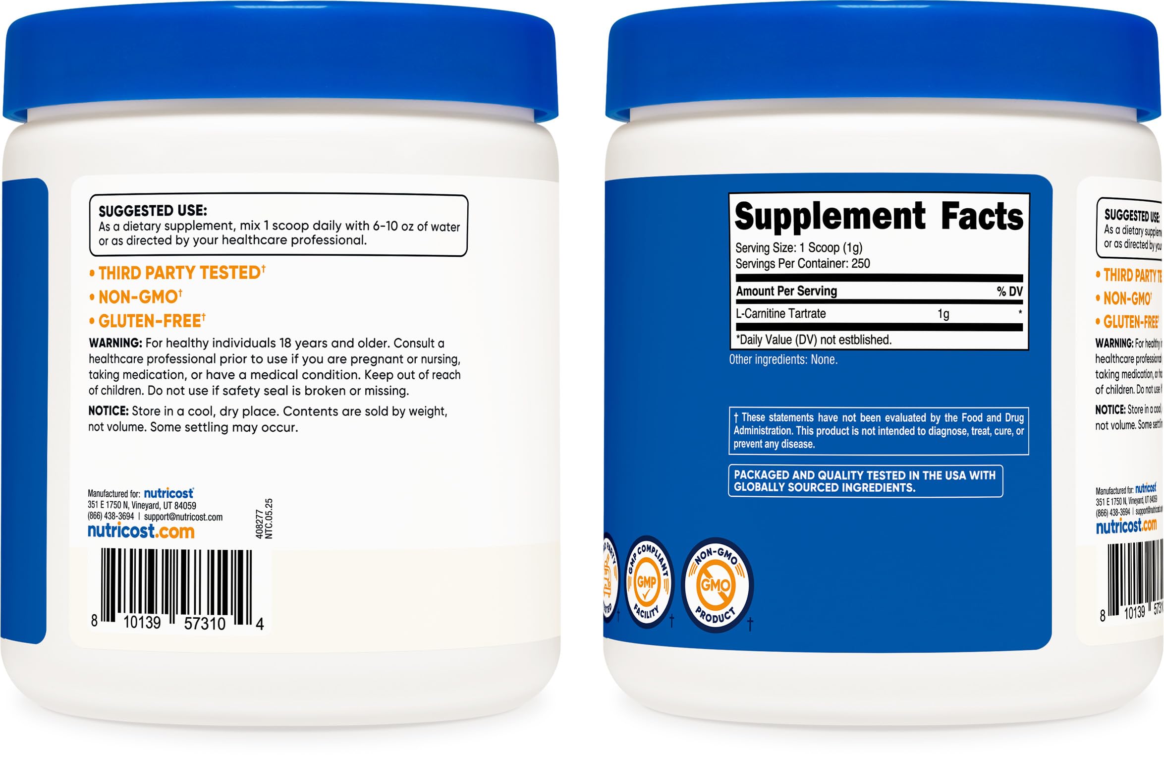 250 grams total L-Carnitine Tartrate per bottle