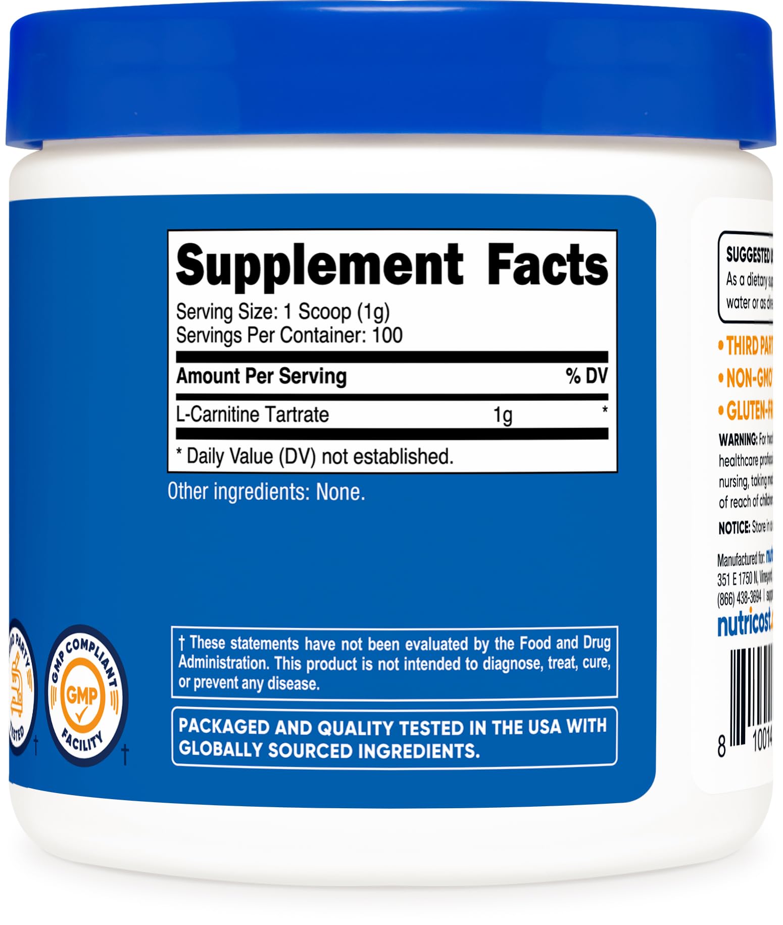 Ingredients and supplement facts for Nutricost L-Carnitine Tartrate Powder