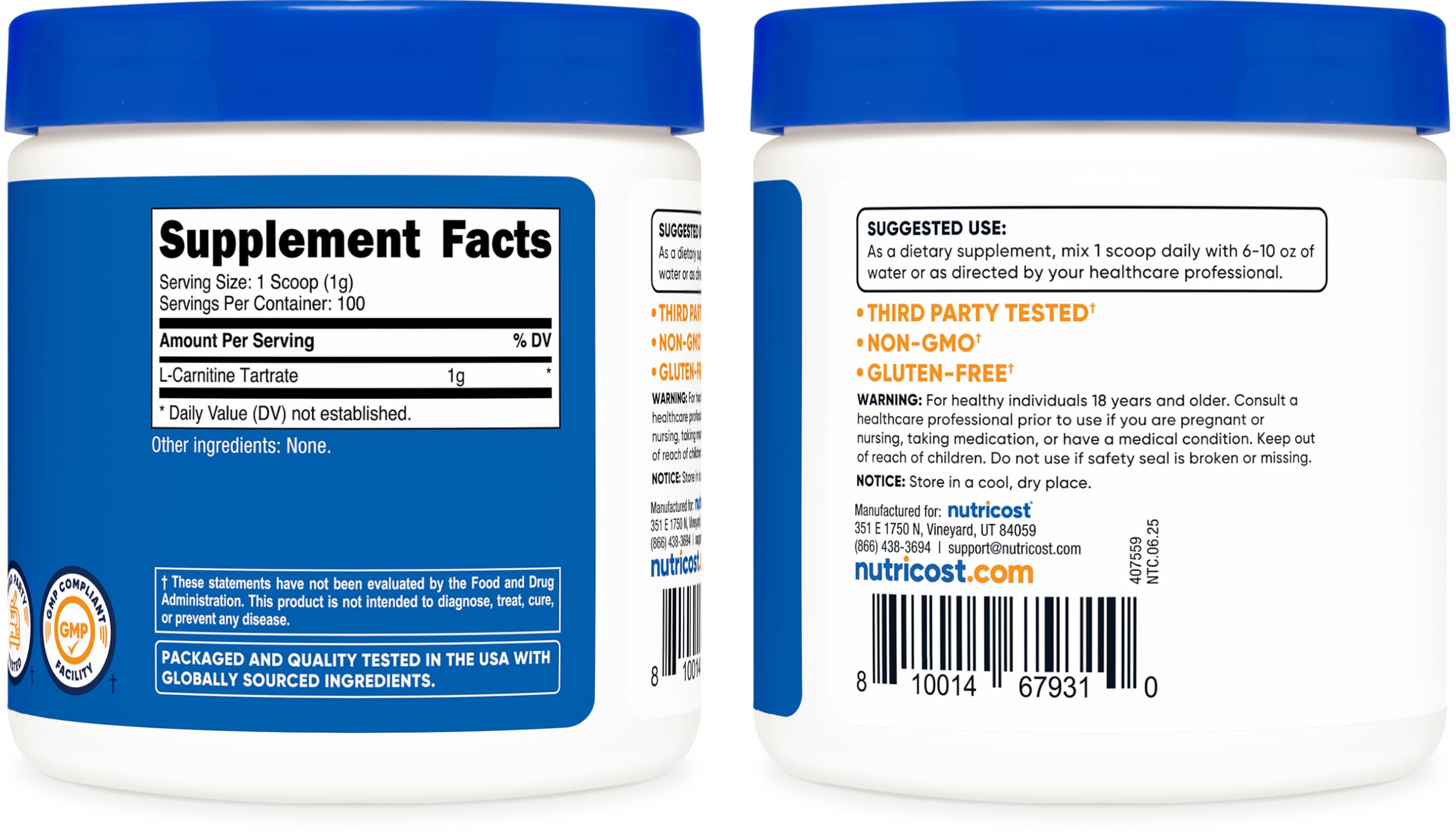 Non-GMO and Gluten Free badge with Nutricost L-Carnitine Tartrate Powder
