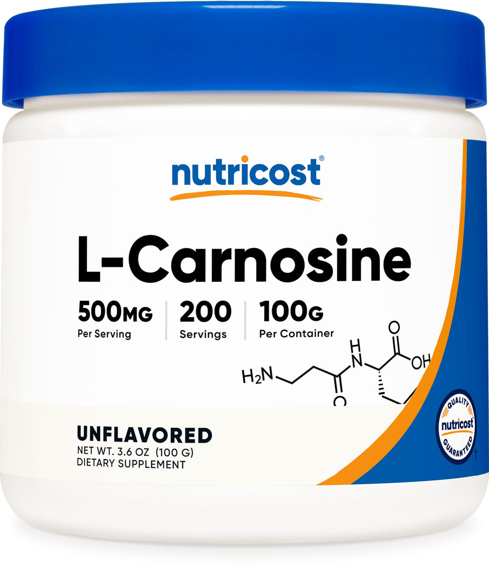 Bottle front view of Nutricost L-Carnosine Powder 100 g