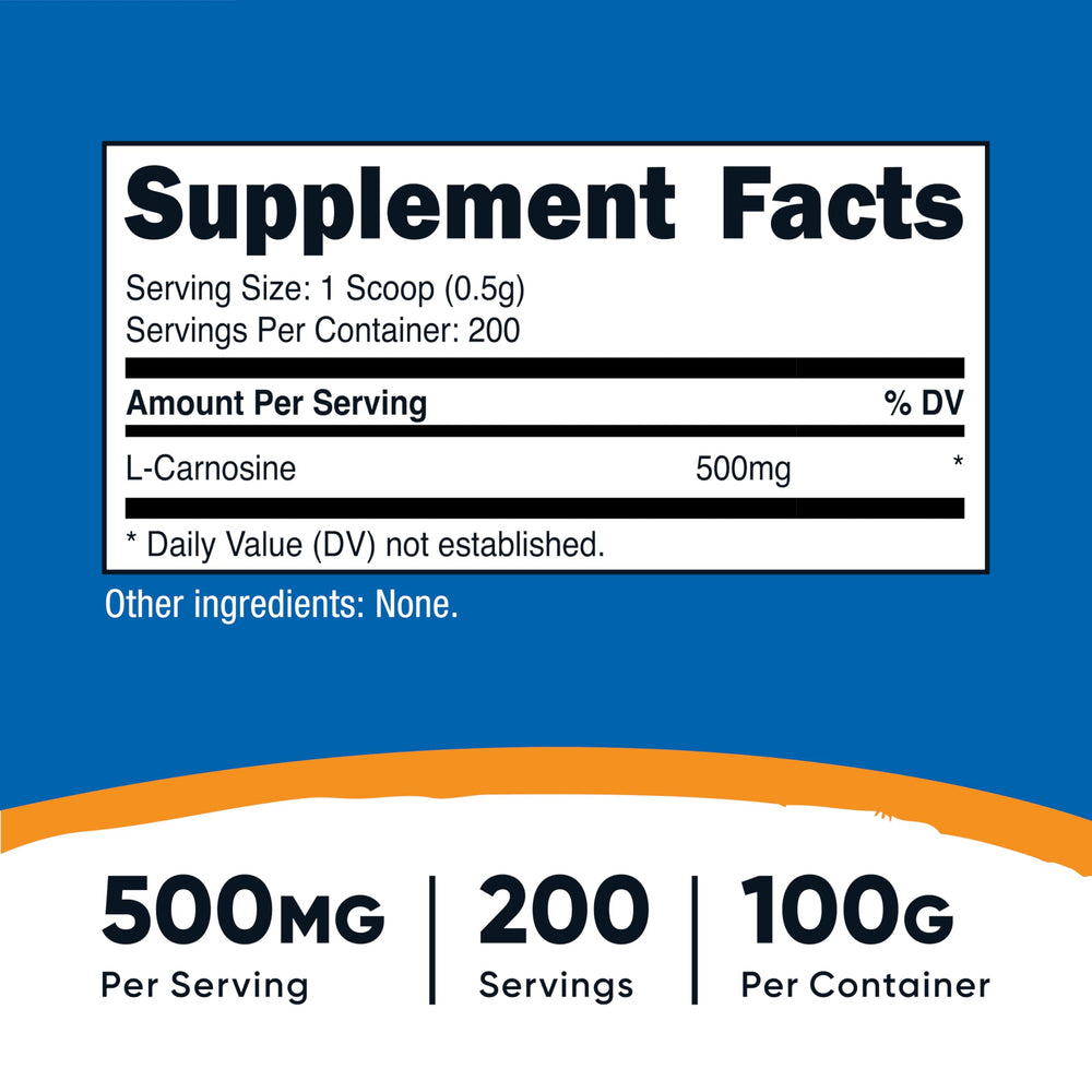 L-Carnosine powder with serving scoop showing 500 mg per serving