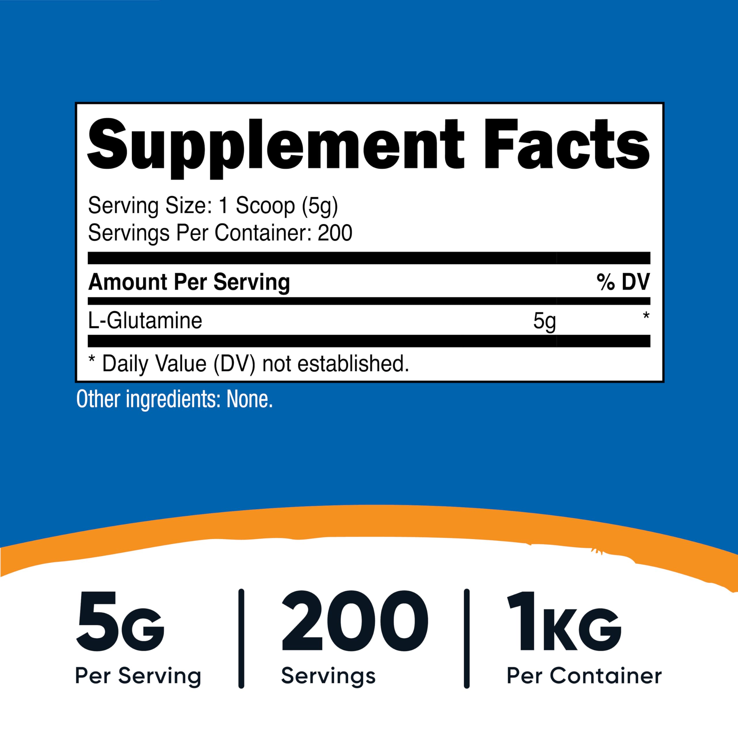 L-Glutamine 1kg bottle label indicating Non-GMO
