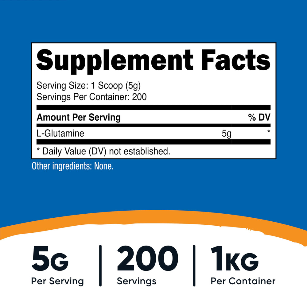 L-Glutamine 1kg bottle label indicating Non-GMO