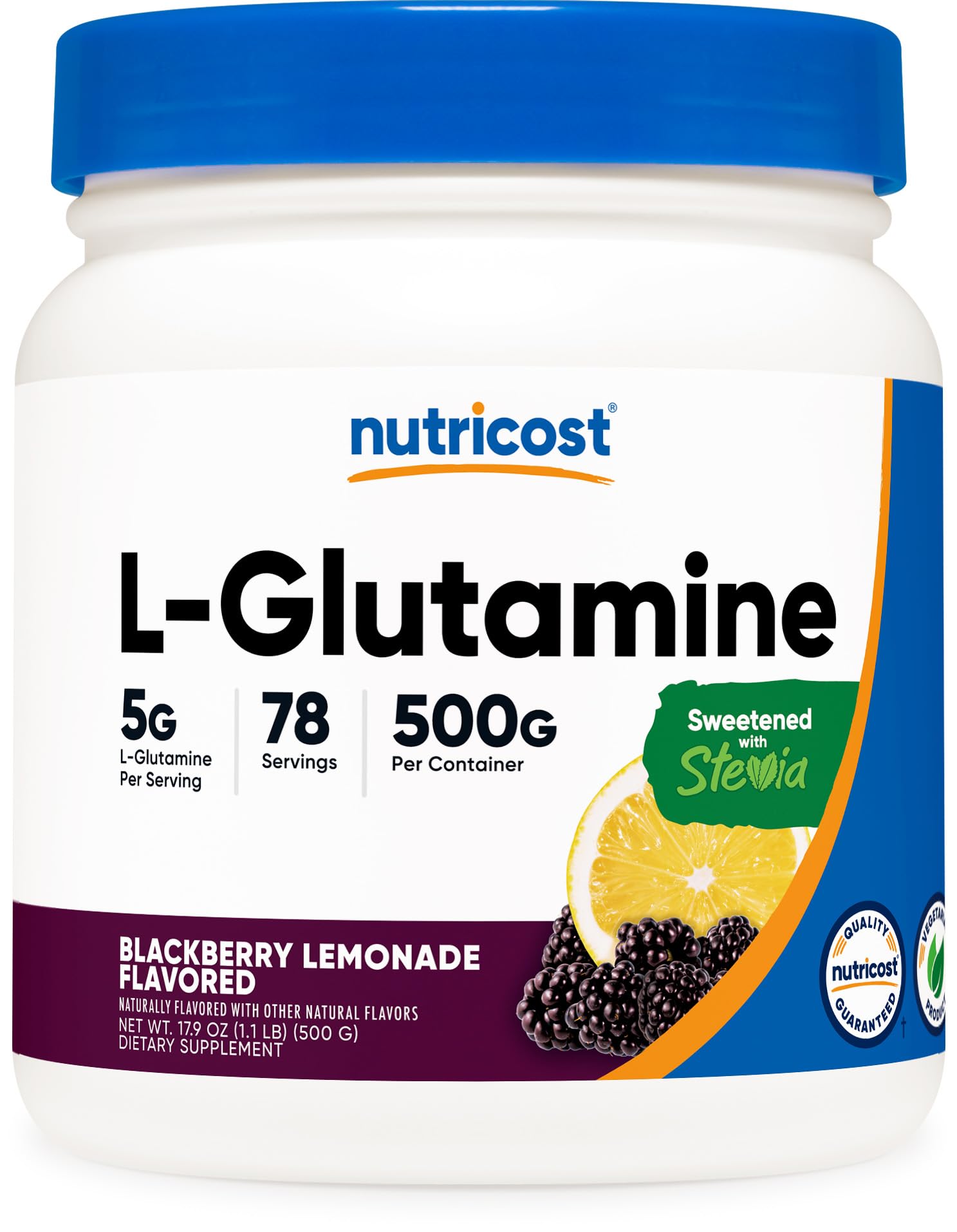Nutricost L-Glutamine Powder 500 g bottle – Blackberry Lemonade flavor