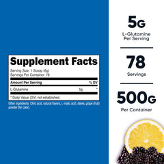 Close-up of Nutricost L-Glutamine Blackberry Lemonade bottle label