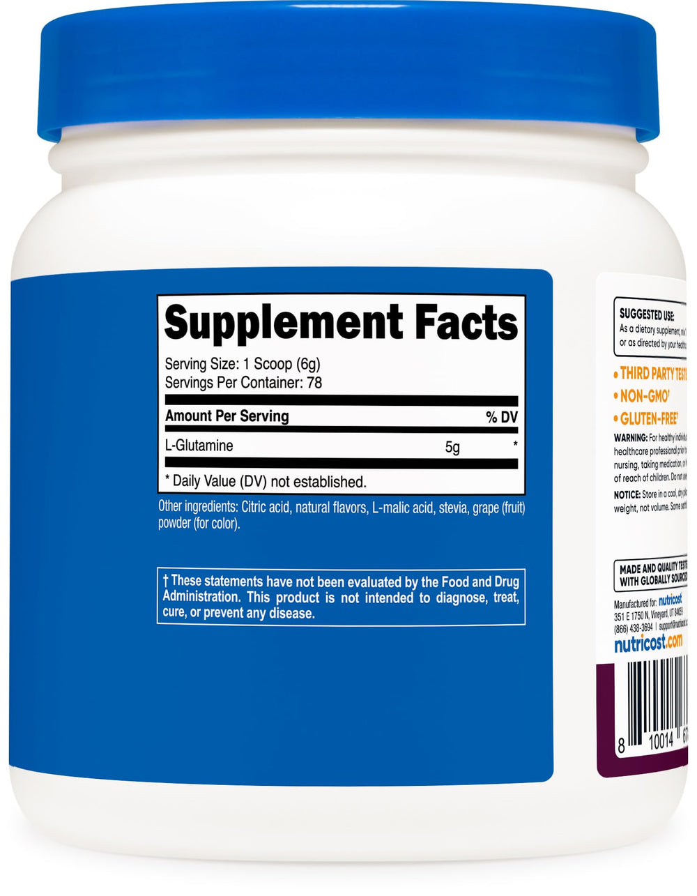Nutricost L-Glutamine 500 g packaging and ingredients